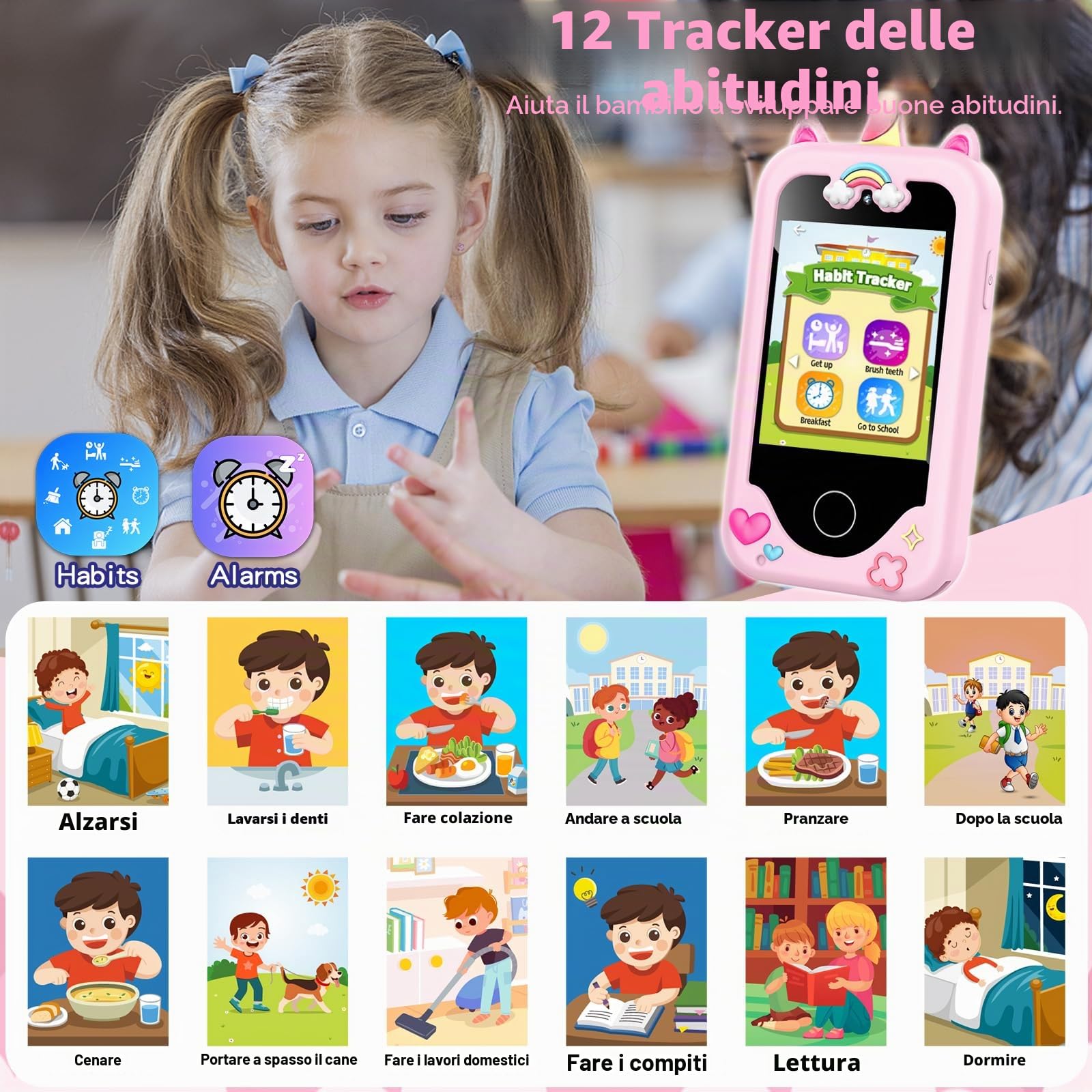 Telefono per bambini per ragazze, unicorni, regali per ragazze dai 3 ai 10 anni, giocattoli di Natale per bambini, giocattoli per bambini con touch screen, con doppia fotocamera, gioco, lettore