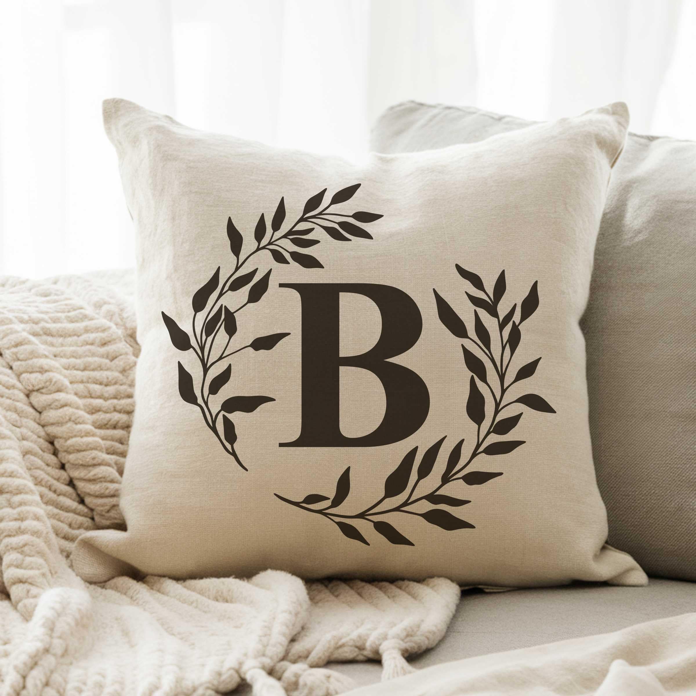 MRC Wood Products 16x16 Personalized Monogram Throw Pillow with Floral Wreath Cushion Cover for Home Decor Cover with