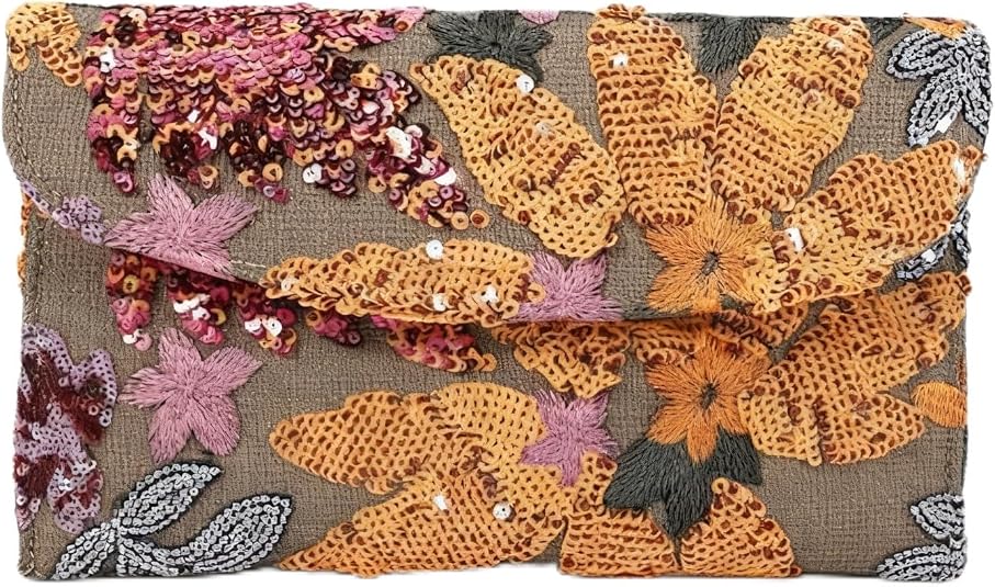 Orange Hand-Embroidered Sequin Clutch Purse for Women