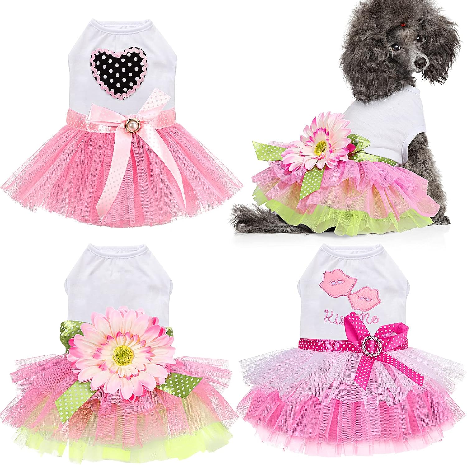 3 Pieces Dog Dress Pet Tutu Dress Mesh Bowknot Puppy Dress Cute Dog Princess Skirt Comfortable Pet Summer Apparel Clothes for Small Dogs…