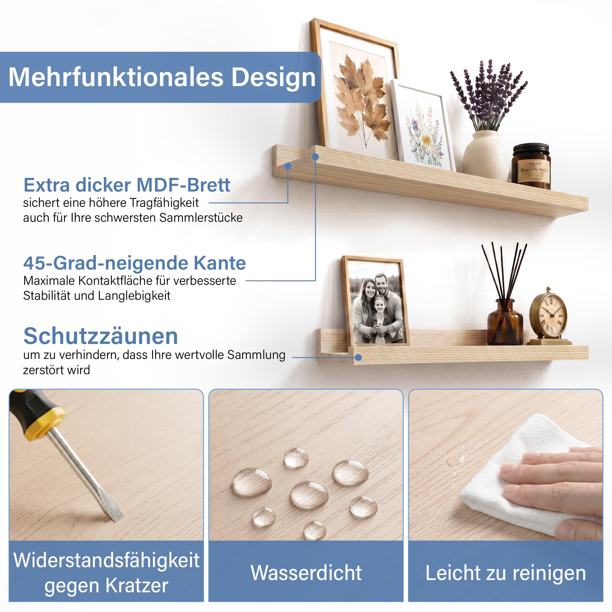 Bilderleiste Eiche 90 cm, 2er Set Schweberegal mit erhöhter Vorder- und Rückkante, großes Wandboard für Bilderrahmen, Pflanzen und Dekoration, Regal für Wohnzimmer, Schlafzimmer und Flur