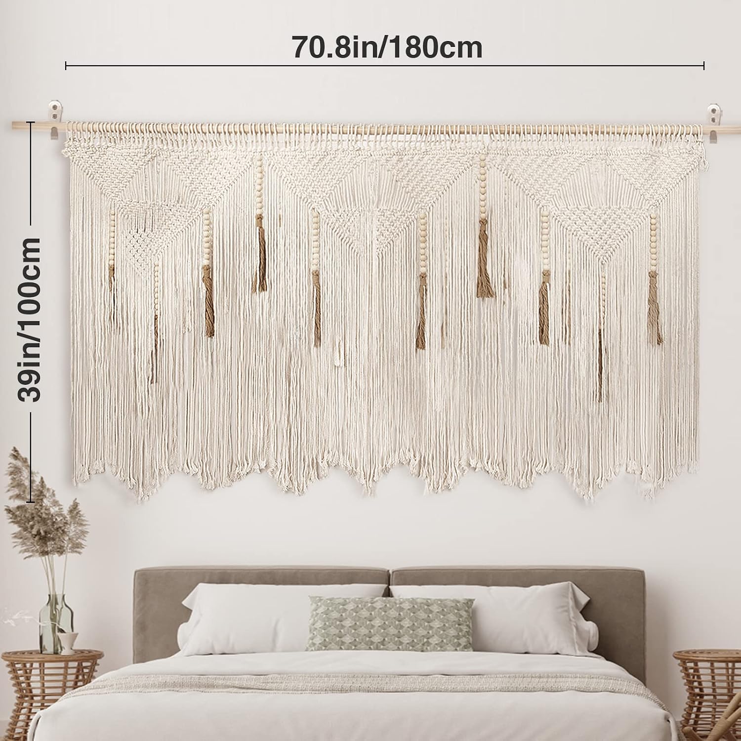 Extra Large Macrame Wall Hanging 70.8" × 39" Boho Tapestry Woven Wall Decor- Cotton Tassel Macrame Curtain Beige Chic Bohemian Wall Art for Home Living Room Bedroom Dorm Wedding (Includes Hanging Rod)