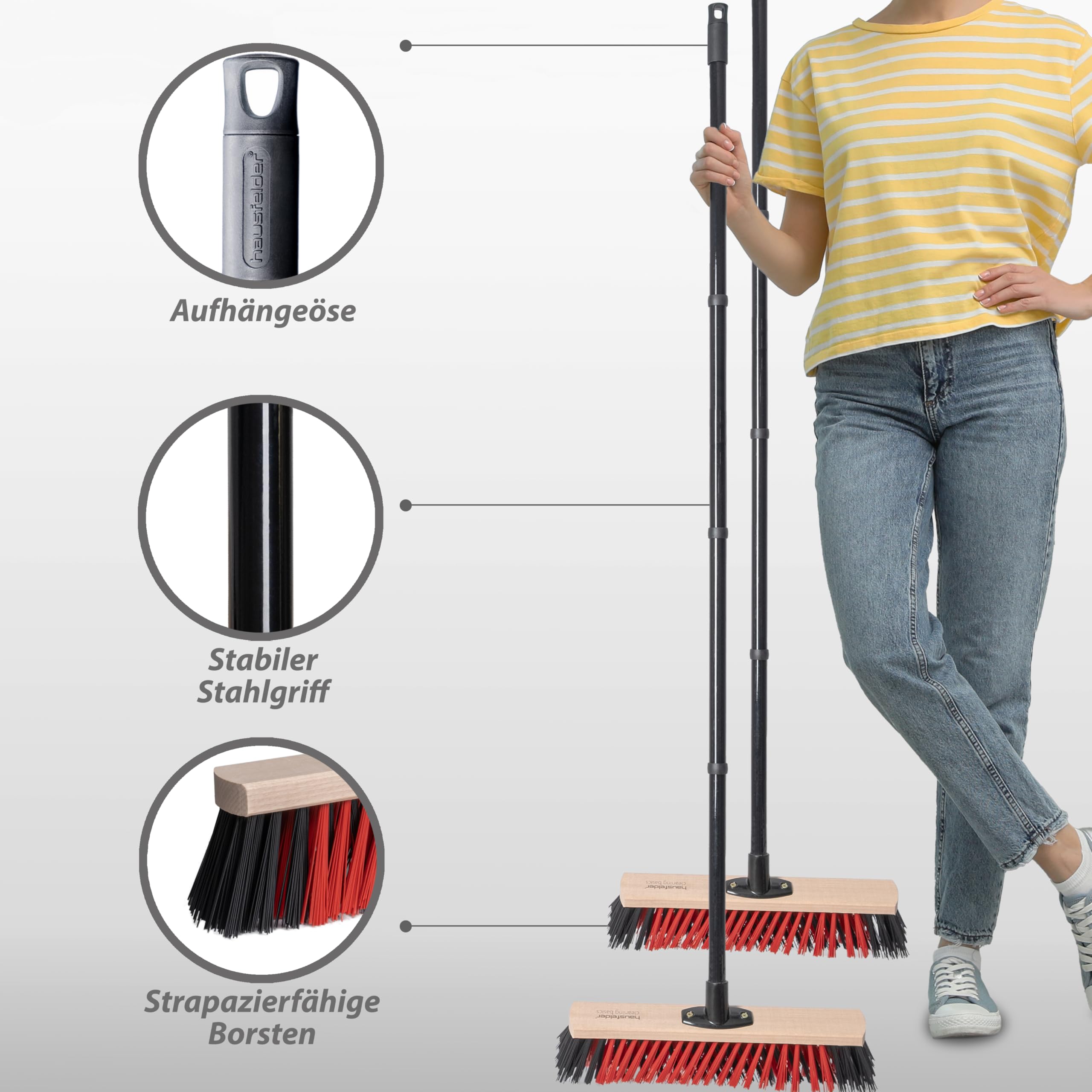 Hausfelder Straßenbesen Set 40 cm, 4-teilig, Schwarz | 4-teilig, für Garten & Terrasse, Straßenbesen, Handfeger, langer, Stiel, Kehrbesen, draußen, hart, Garage