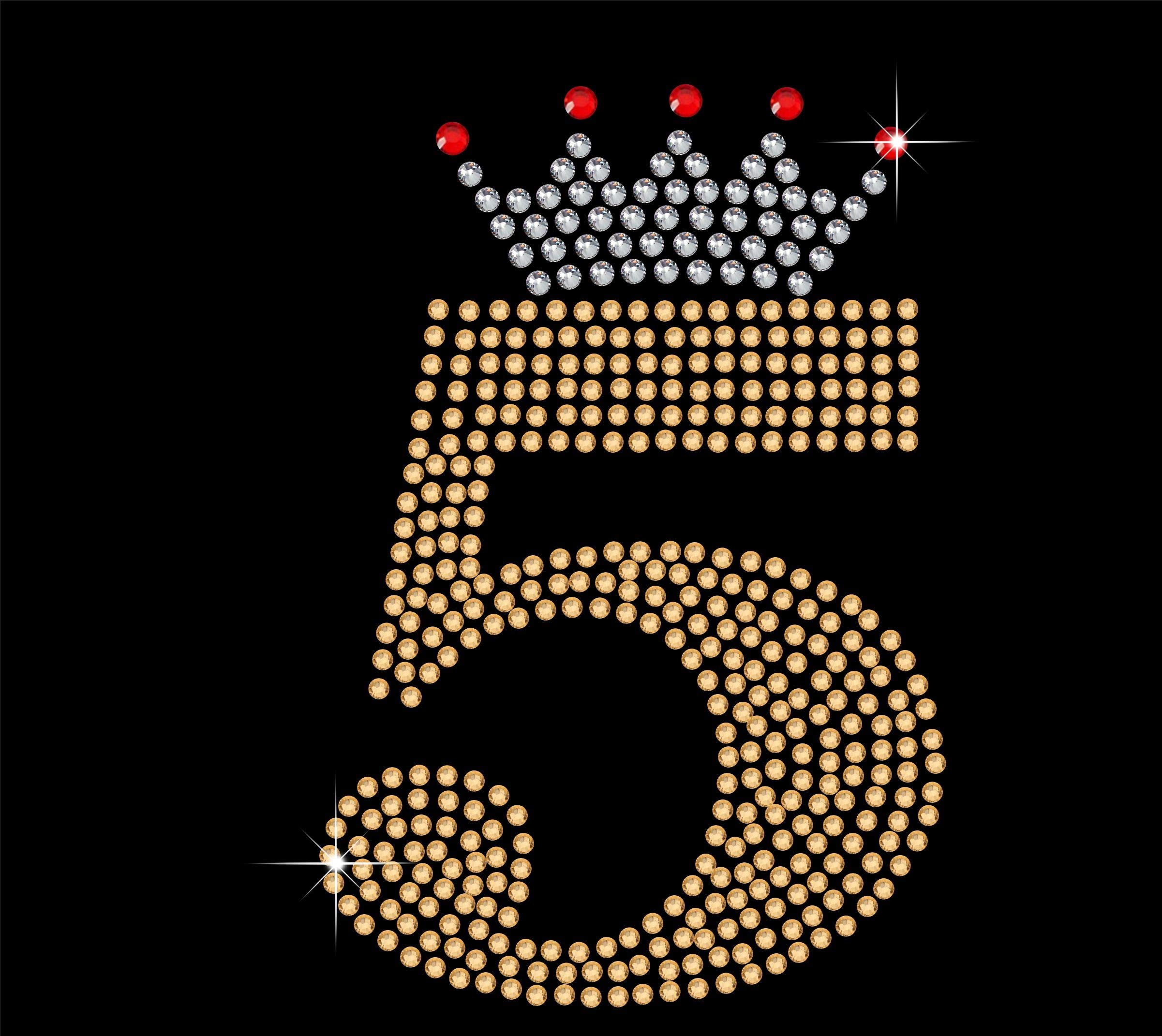 TShirt Showroom Number 5 and crown in Gold Birthday Hotfix Rhinestone Diamante Iron on Transfer Motif Applique