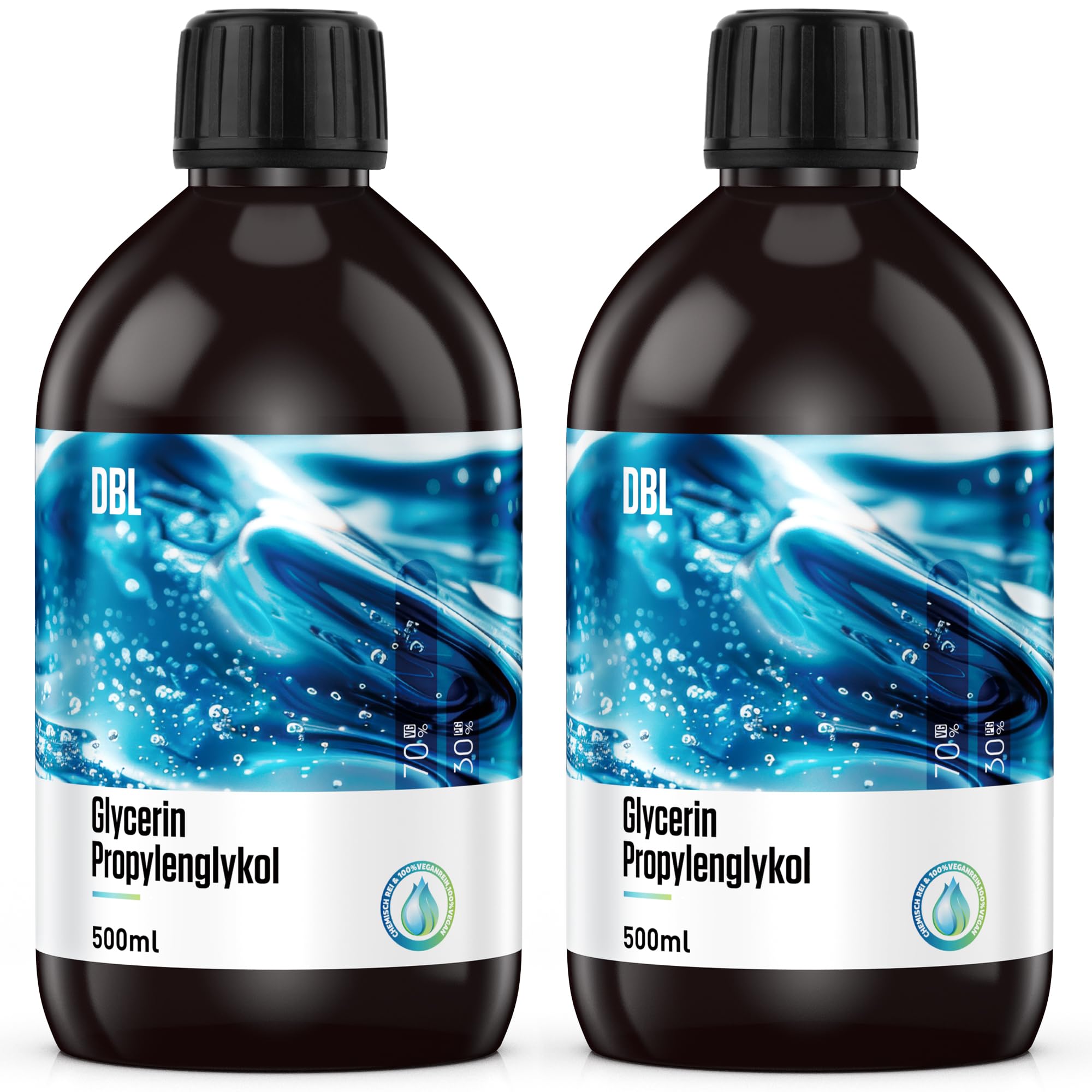 DBL 2x500ml 70% Glycerin E422, 30% Propylenglykol E1520, 70/30 VG/PG, 99,9% | Pharma- & Lebensmittelqualität, Vegan, Farblos, Ideal als Liquid Base für DIY, Seifen, Cremes, Kindersicherer Verschluss