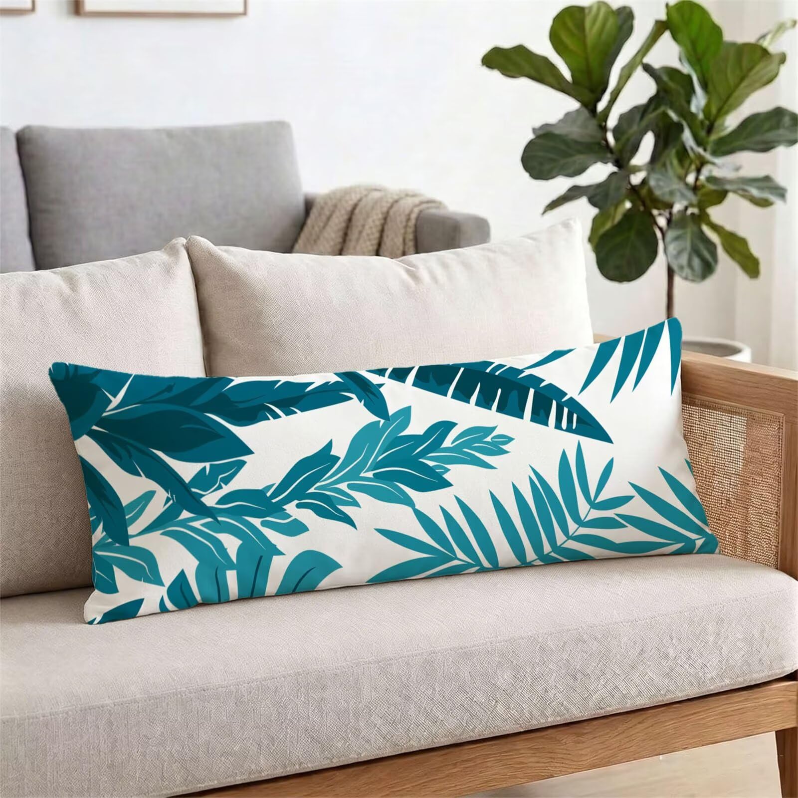 Funda de Almohada 60 x 180 cm Azul Verdoso Protector Almohada 180 cm con Cremallera Invisible, Lino Durable y Transpirable Pillow Case Árbol Impresión a Doble Cara para Cama, Sofá y Dormitorio dg-638