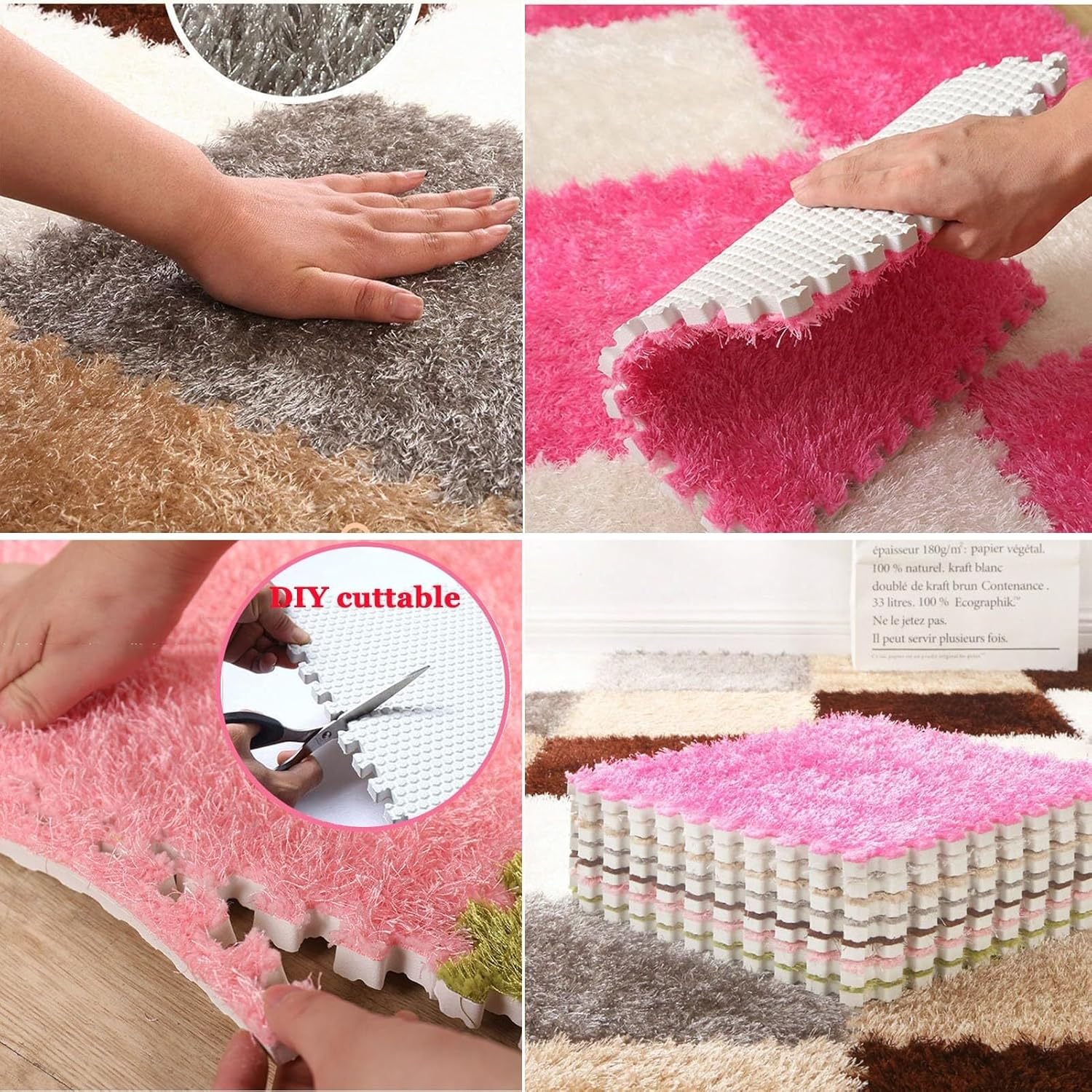 30x30x1cm Square - 48pcs Fluffy Carpet Puzzle Mats for Floor Plush Foam Mat, Interlocking Carpet Tiles for Children Kids Room Home Parlor Bedroom(Gray)