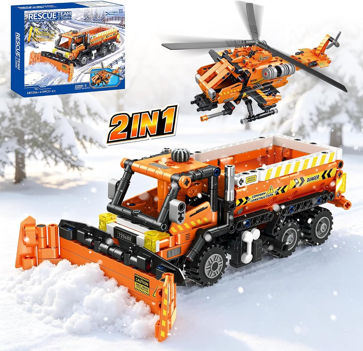 Juego de construcción de equipo de rescate 2 en 1, quitanieves y helicóptero compatible con Lego | Juguete de construcción para niños a partir de 8 años, kit de construcción de vehículos de rescate urbano de 419 piezas, modelo de exhibición coleccionable, regalo para niños y niñas