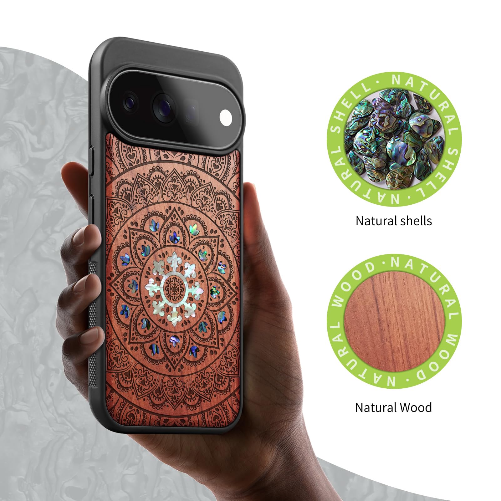 Carveit Madera Funda para Google Pixel 11 Pro (Rosa-Mándala Floral) | Compatible con MagSafe [Grabado en madera e incrustación de mejillones] Magnética Cover para Pixel 11 Pro Carcasa