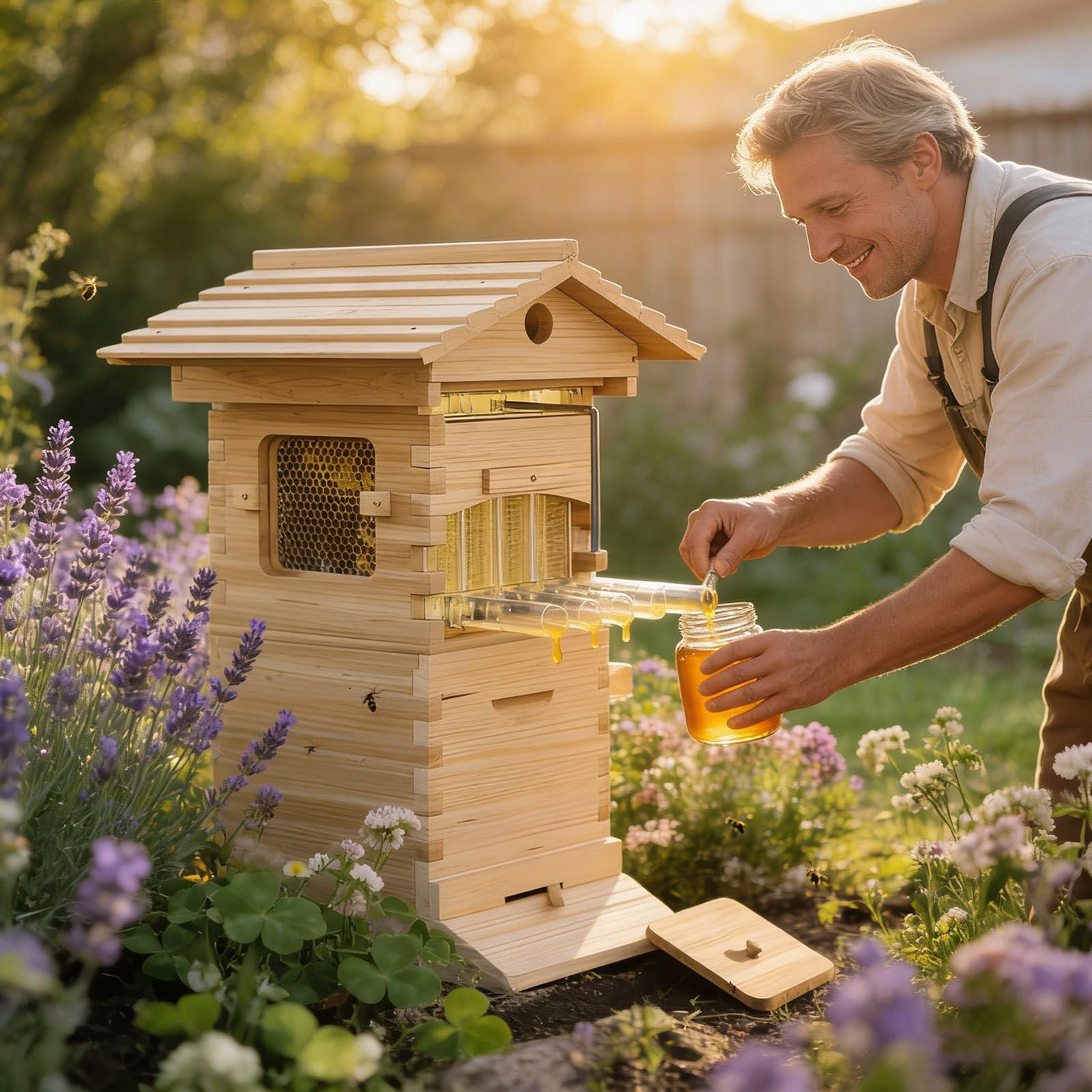 Kit de Inicio de Colmena para Principiantes, Caja de Abejas de Madera con Flujo Automático, Ventana de Observación y Pico de Miel para Jardín y Traspatio