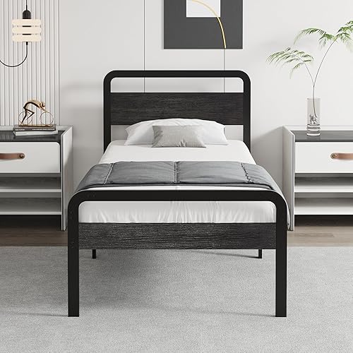 14 Inch Twin Size Bed Frames with Wooden Headboard and Footboard, Rustic Black Wood Bed Frame Twin No Box Spring Needed, Heavy Duty Mattress Foundation, Easy Assembly