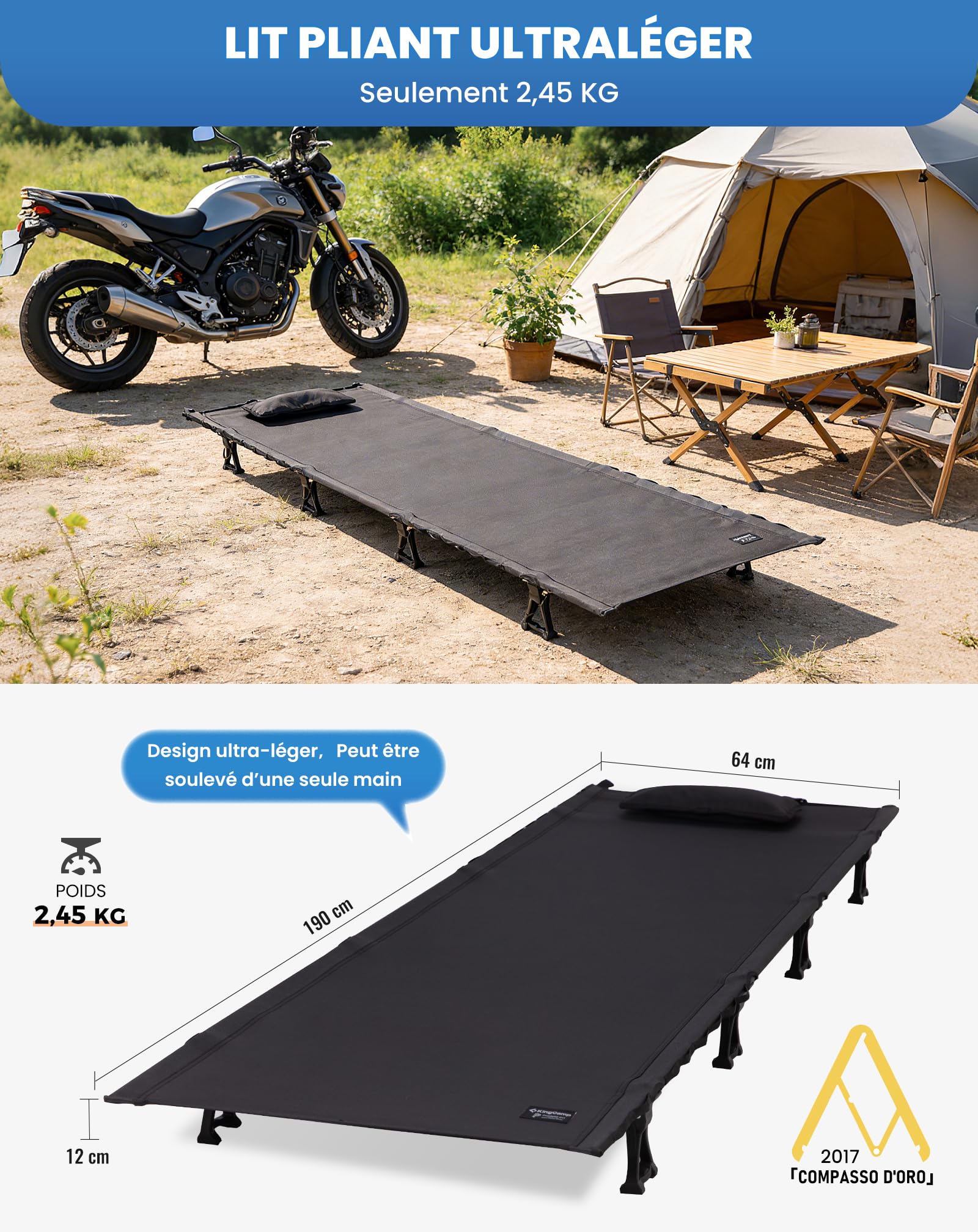 KingCamp Lit Pliant Ultra 2,45 kg Lit de Camping Compact et Pliable se Réduisant à 36x13cm Facile à Transporter Capacité Maximale 136kg pour Camping, Plein Air, Voyage, Plage, Jardin & Maison