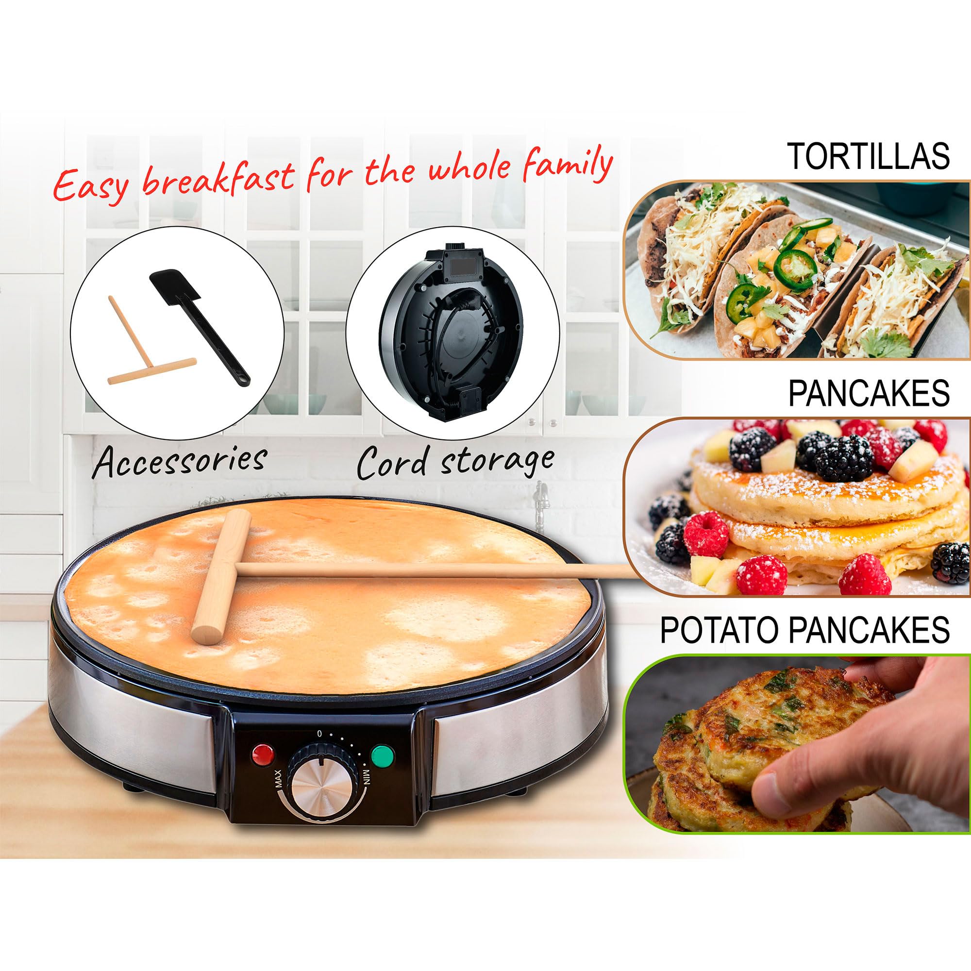 briebe CM1137 Crepera, Máquina de hacer Crepes, Tortitas, Panqueques, Plato 30cm de Diámetro, Placa Antiadherente, Temperatura Regulable, 1600 W, Color Negro
