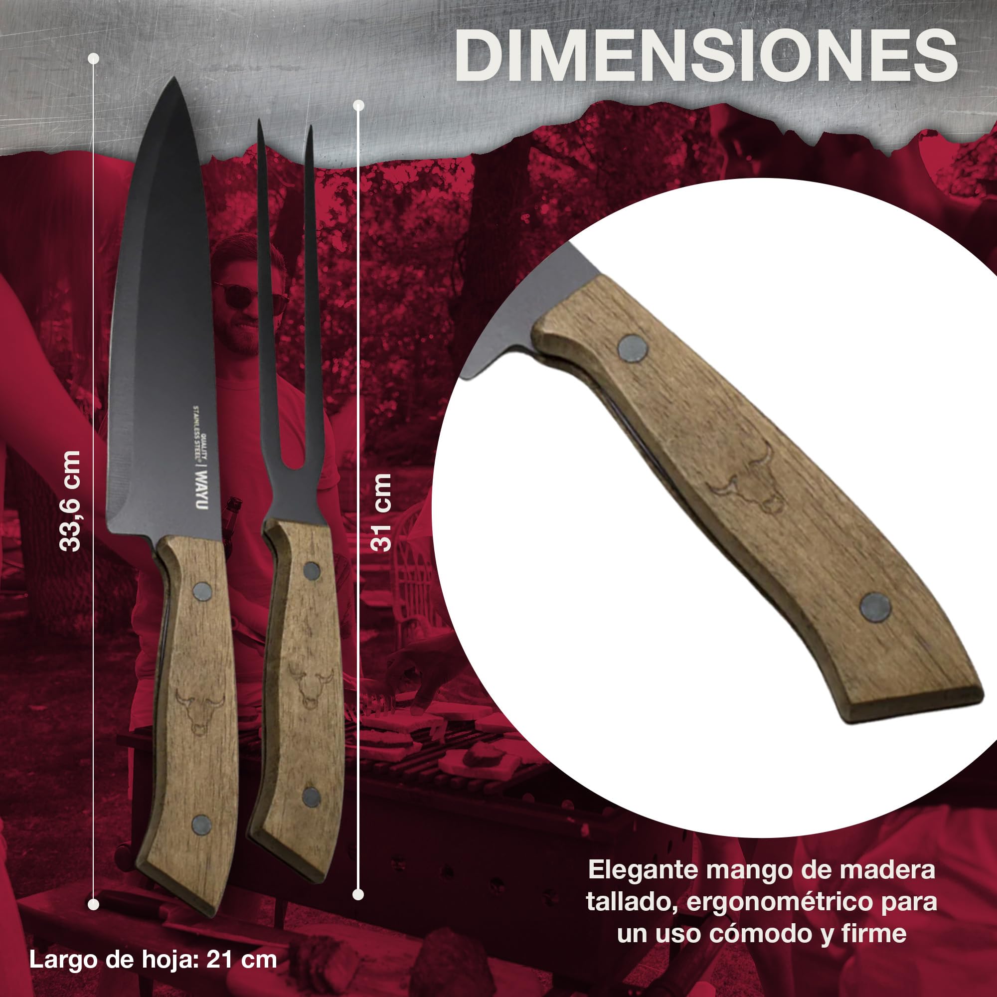 Set Coltello E Forchetta Per Barbecue WAYU - Acciaio Inox Con Manico In Legno, 33,5 Cm - Foto 5