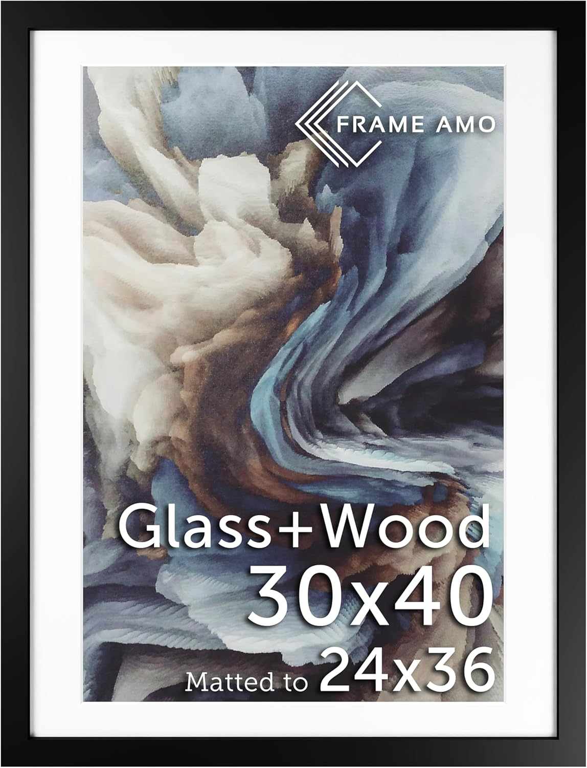 Frame Amo 30x40 Black Solid Wood Poster Frame, White Mat for 24x36 Image, Tempered Glass Front, 1.5 inch Wide, 1 inch Thick, High-End, Heavy-Duty, Gallery Grade & Acid-Free