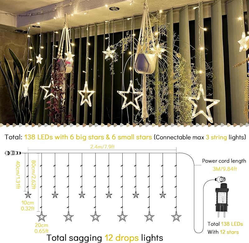 Bigzom LED Csillag Fényfüggöny 138 LED-del - 2,4x1m Meleg Fehér Világítás 8 Fénymóddal - Vízálló Karácsonyi Dekoráció Ablakra, Falra, Beltér