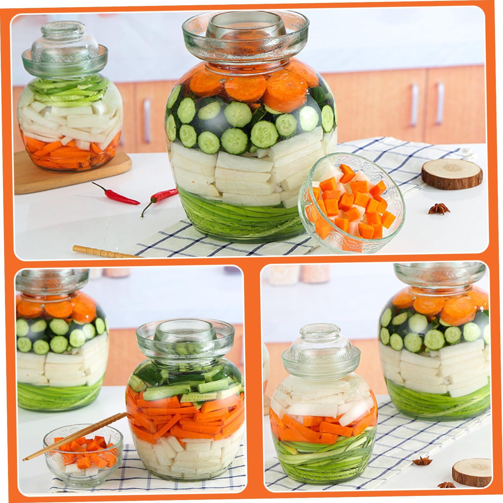 Récipients à Kimchi, Récipient à Cornichons 1, 5 L Pot de Fermentation de Qualité Alimentaire Récipients Kimchi Traditionnels avec Bouchon Bol Pot en Verre Transparent avec Couvercle Kit Ferme