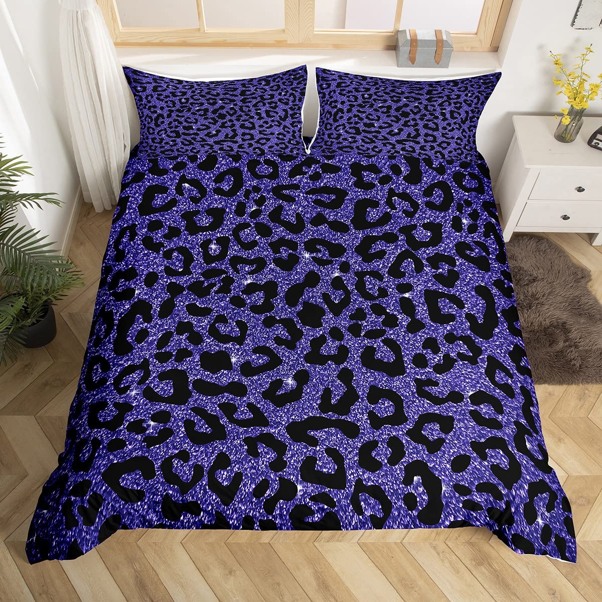 Homemissing Leopard Print Duvet Cover Set Glitter Cheetah Print Bedding Set for Kids Boys Girls Wild Animal Decor Comforter Cover Set Microfiber Geometric Bedspread Cover Purple Bedclothes Single