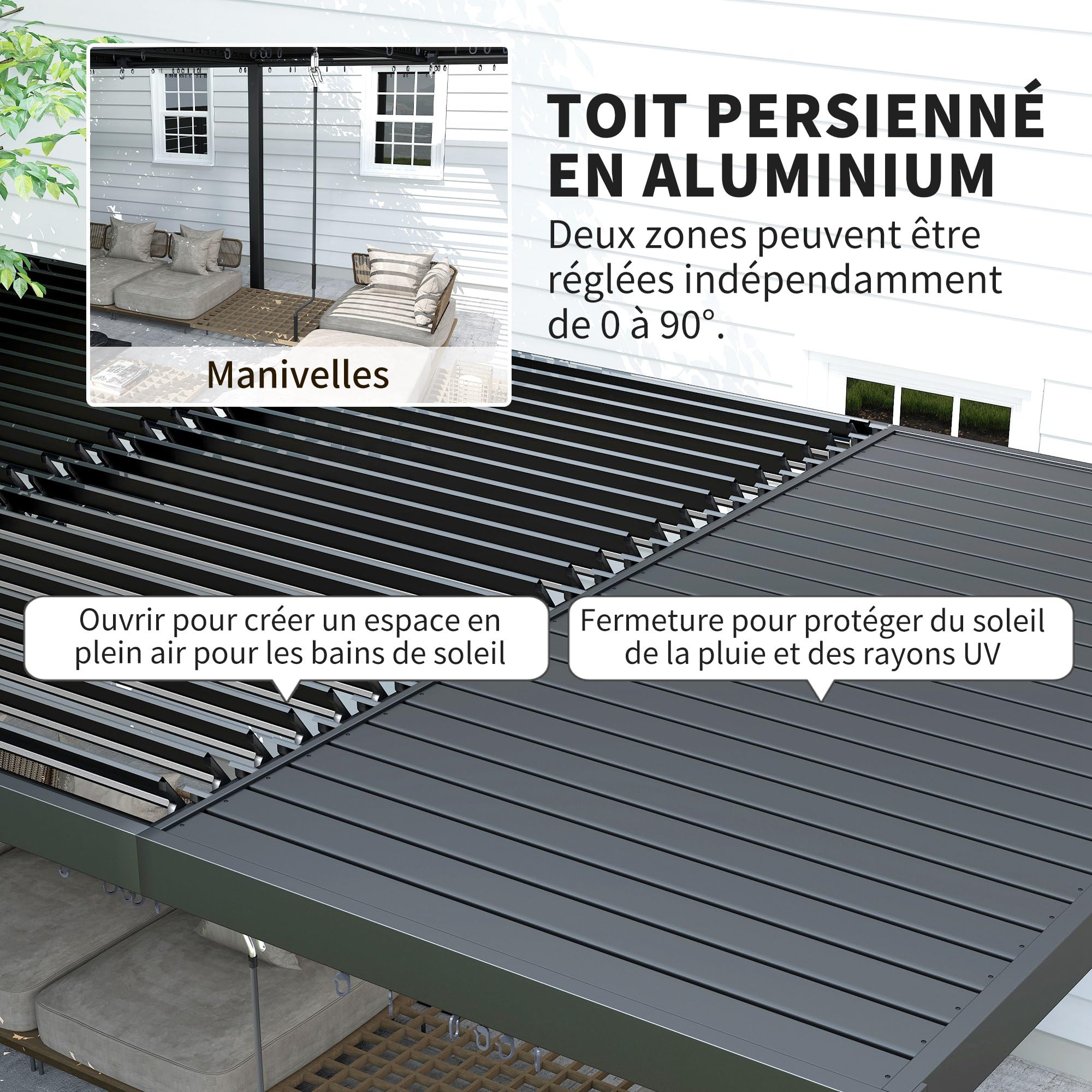 Outsunny Pergola bioclimatique 3 x 6 m, pergola Jardin extérieur avec persiennes manivelle Toit réglable en Aluminium et Crochets, tonnelle de Jardin, terrasse, Patio, Gris foncé