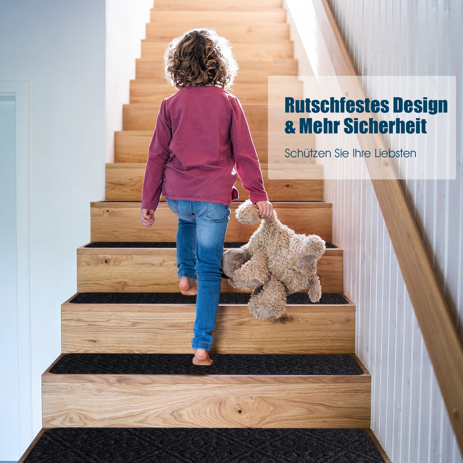COSTWAY 15er Set Stufenmatten für Treppen, 76x20cm, rutschfeste Selbstklebende Treppenteppiche, Treppenmatten für Holzstufen, wasserdichte Stufenteppiche für Kinder & Älteste & Haustiere (Grau)