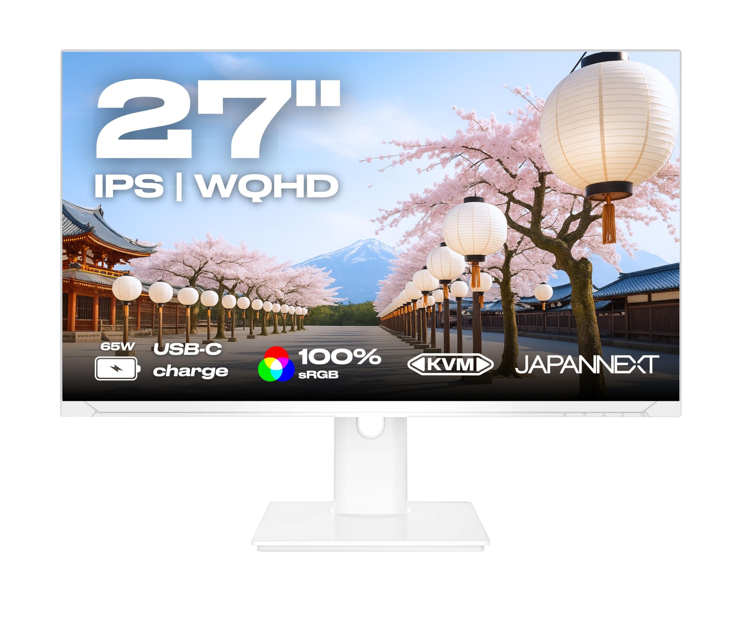 JapanNext Monitor Blanco 27" IPS WQHD (2560x1440) | HDR | Carga por USB-C (65W) | Altura e Inclinación Ajustables (HSP) | 100% sRGB G-Sync/FreeSync | JN-i27QR-C65W-HSP-W