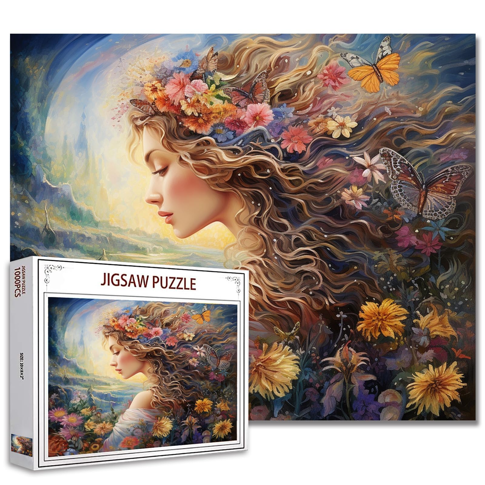 Tucocoo Fashion Girl with Flowers Jigsaw Puzzle 1000 Pieces for Adults, Female Butterfly Art Challenge for Family Activities, Colourful DIY Home Decor Gift