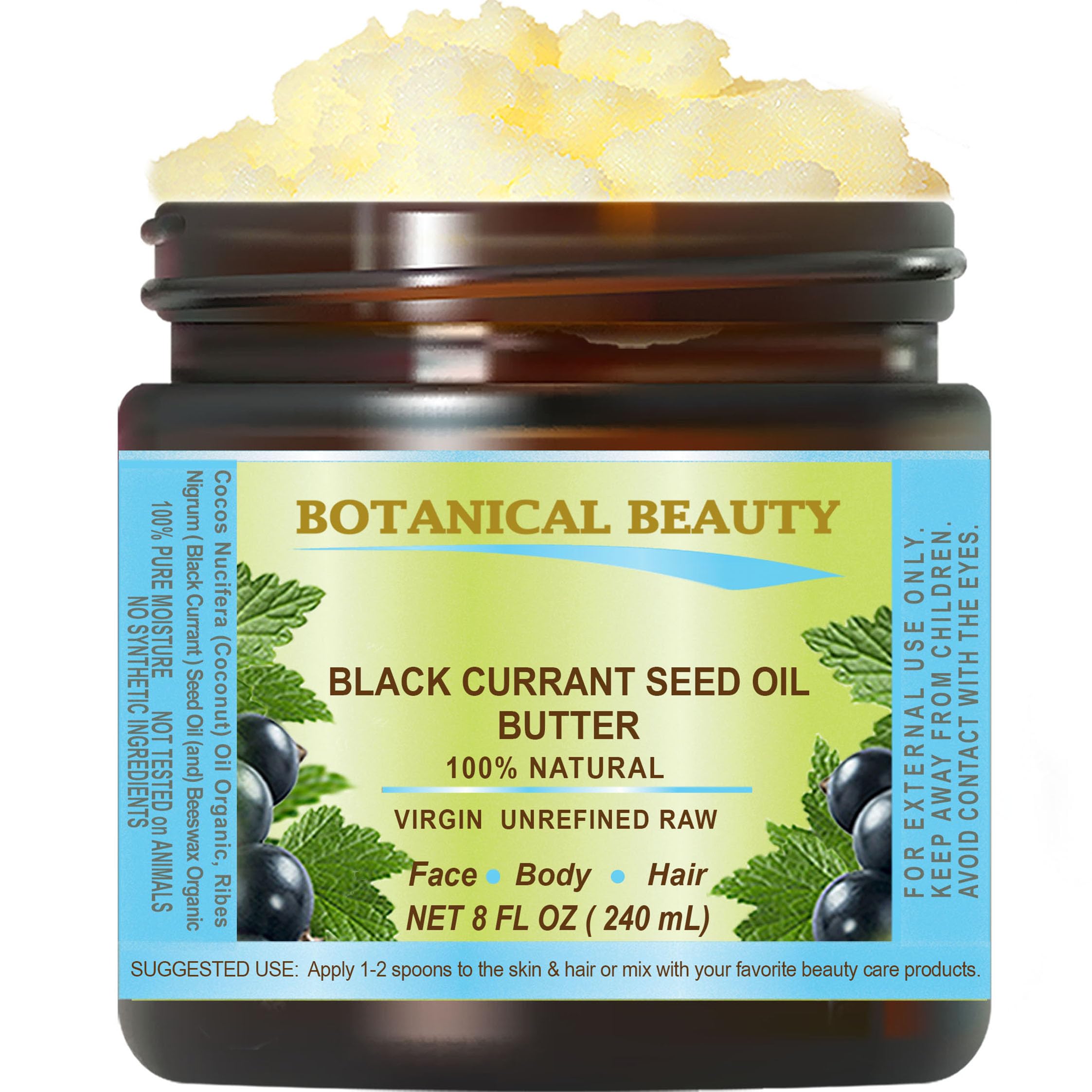Botanical Beauty BLACK CURRANT SEED OIL BUTTER 100% Pure Natural VIRGIN UNREFINED Cold-Pressed for Face, Skin, Body, Hair, Lip, Nails. Rich in Gamma-Linolenic Acid, Vitamin E (8 Fl Oz)