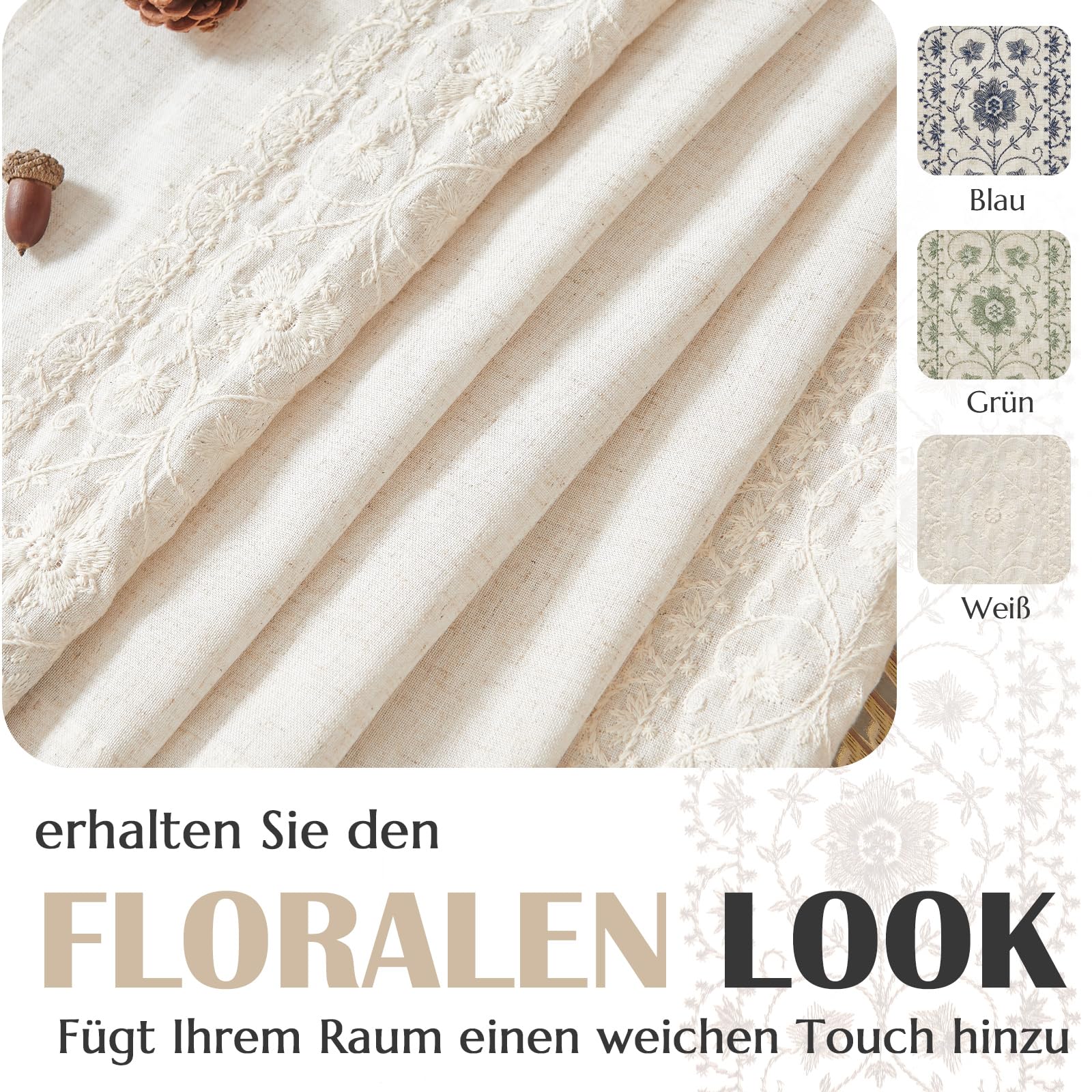 Vangao Leinenoptik Gardinen 140B x 145Hcm 2er Set Boho Stickerei Beige | Blumen Muster Vintage Vorhänge Kurz mit Verdeckten Schlaufen, Lichtdurchlässig, Wohnzimmer Schlafzimmer Küche Fenster Natur