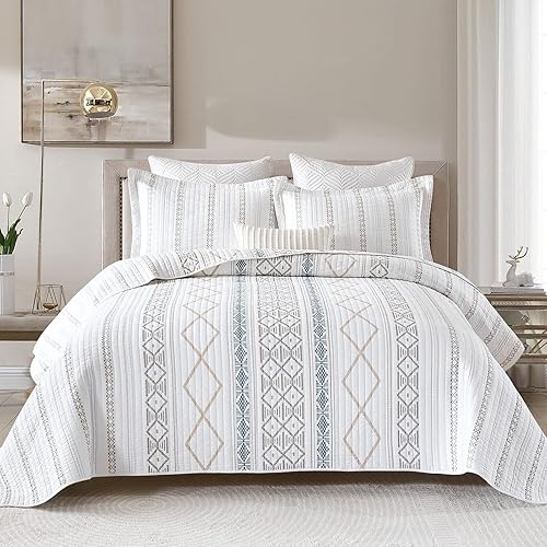 Y-PLWOMEN Colchas geométricas tamaño Queen  Edredón 100% algodón Queen, juego de edredón a rayas, colchas ligeras bohemias tamaño Queen para todas
