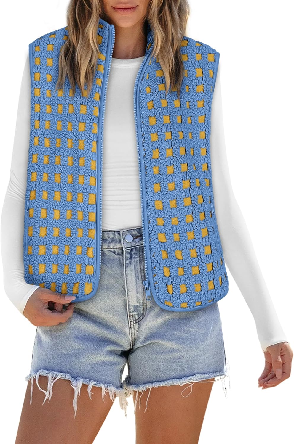 Women’s Sherpa Vest Sleeveless Plaid Zip Up High Neck Warm Fleece Gilet Outerwear Crop Jackets with Pockets - Image 5
