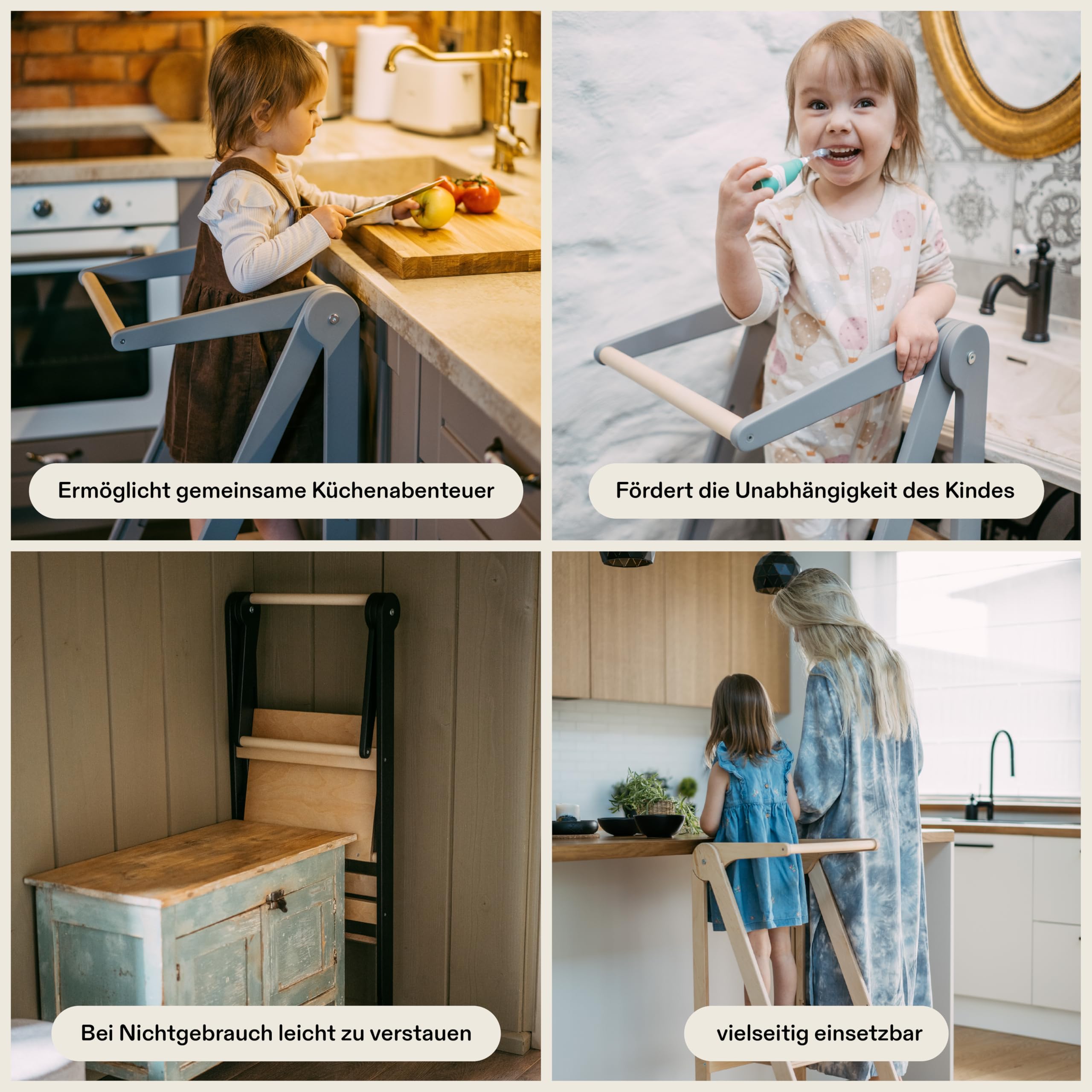 Leg&Go Montessori klappbarer Lernturm mit höhenverstellbarer Plattform - komplett montiert und sofort einsatzbereit. (Naturholz)