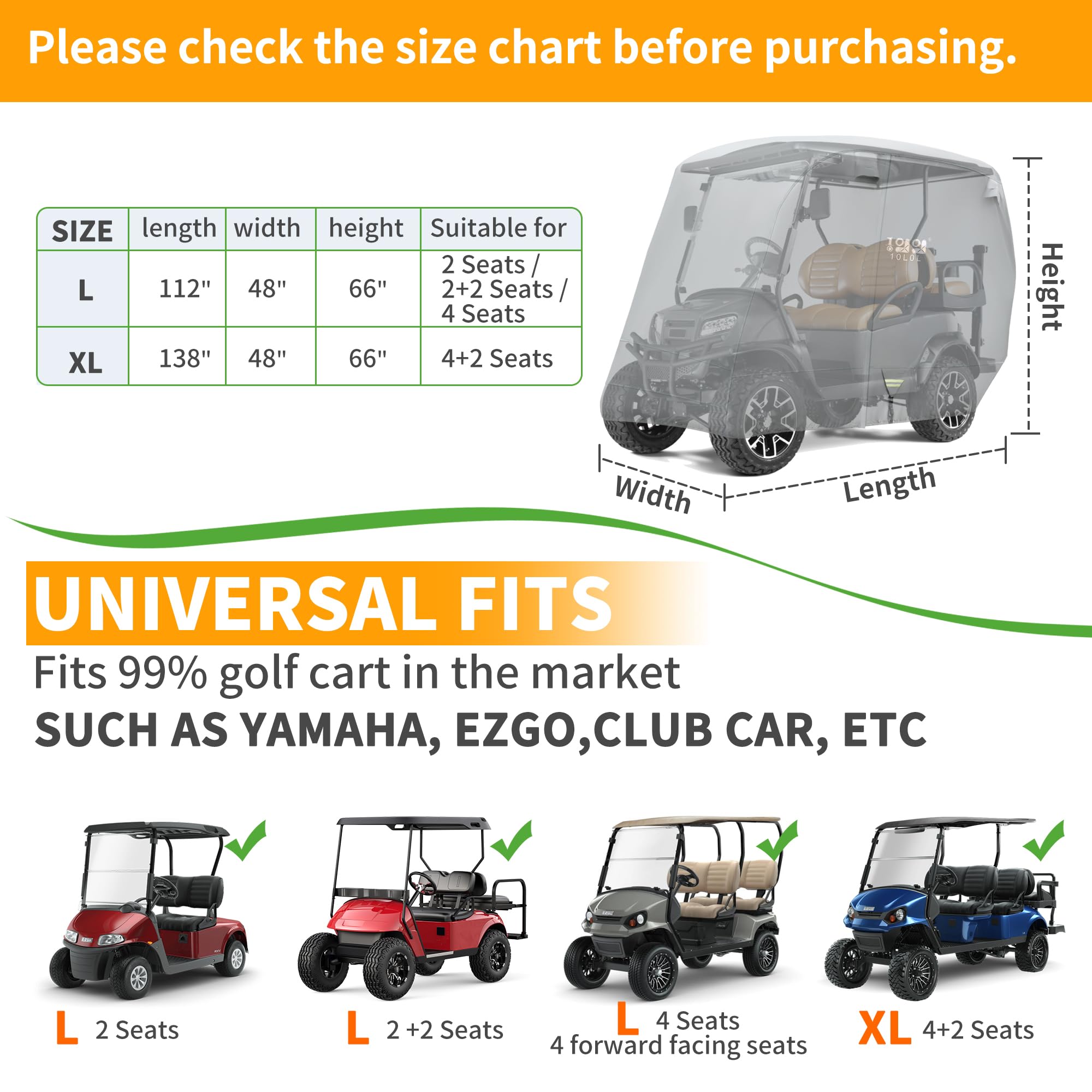 10L0L 2/4/4+2 Beifahrer-Golfwagen-Abdeckung, erweitertes Dach, 600D wasserdicht, schneefest, winddicht, sonnenfest, langlebig, volle Golfwagen-Abdeckungen für Yamaha, EZGO, Clubauto und andere
