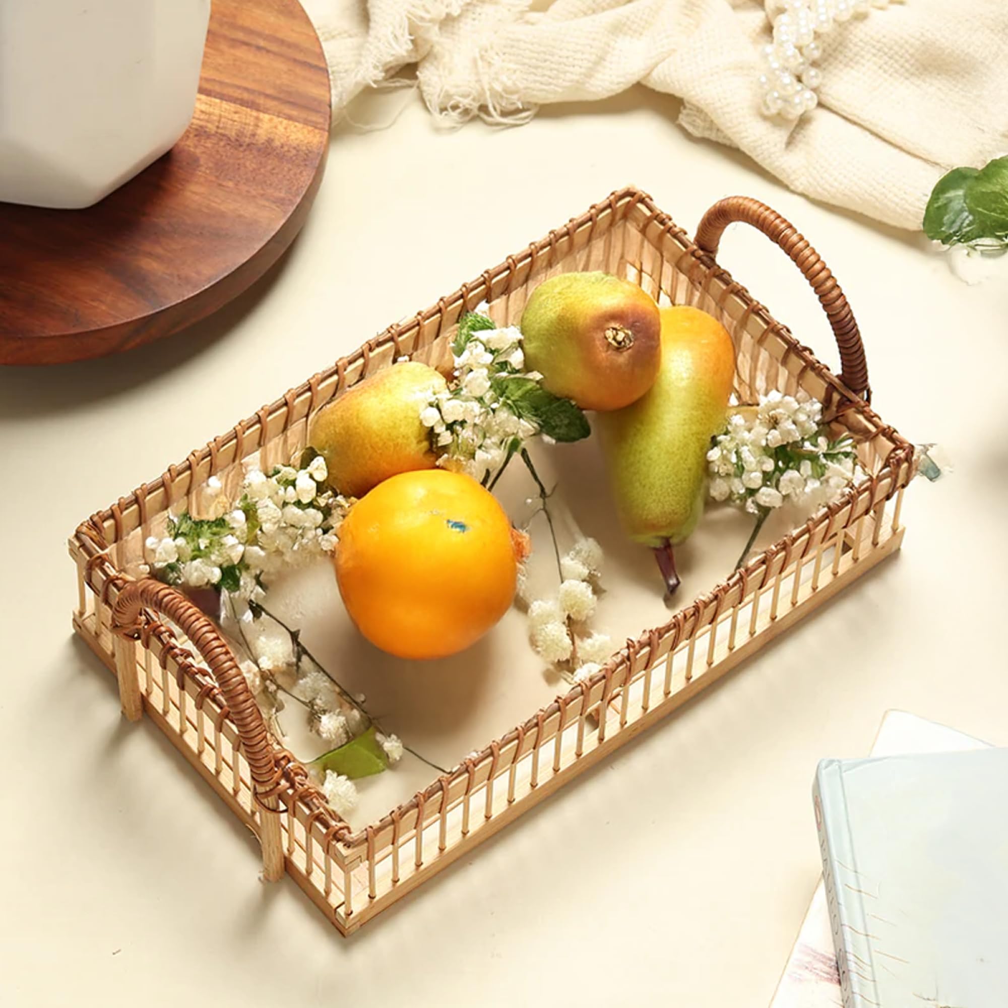 Habere India-All The Cultures Fabricating India Tray for Serving | Serving Tray | Bamboo Trays | Rectangular Wooden Trays (L 24 CM x W 16 CM x H 7 CM)