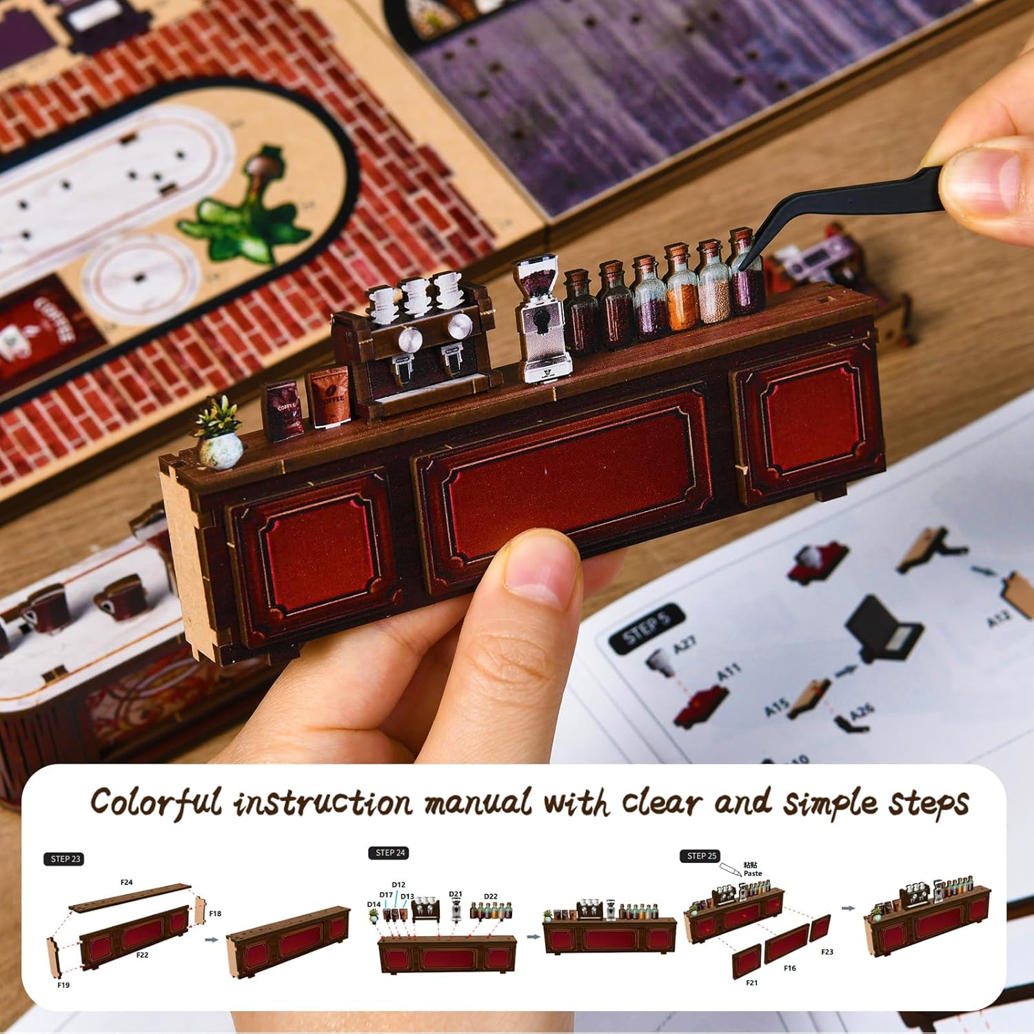 DIY Book Nook Kit, 3D Wooden Puzzle Miniature House with LED Light, Dollhouse Bookshelf Insert, Tiny House Model Building Kit, Unique Creative Gift for Adults and Teens (Warmglow Coffee)