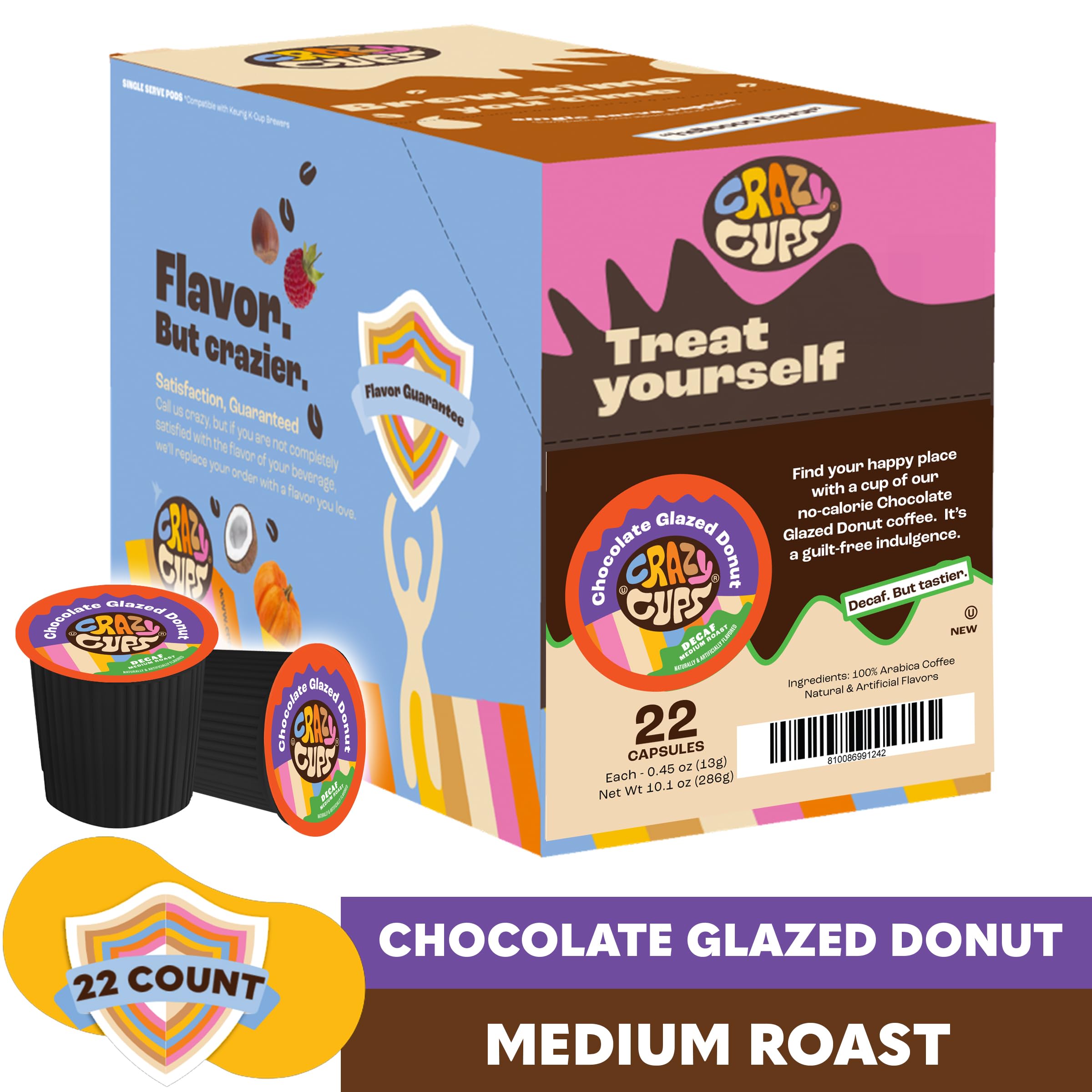 Crazy Cups Kapsułki do kawy o smaku bezkofeinowym, glazurowane czekoladowe kapsułki do ekspresów Keurig K-Cup w kapsułkach jednorazowych do recyklingu, 22 szt