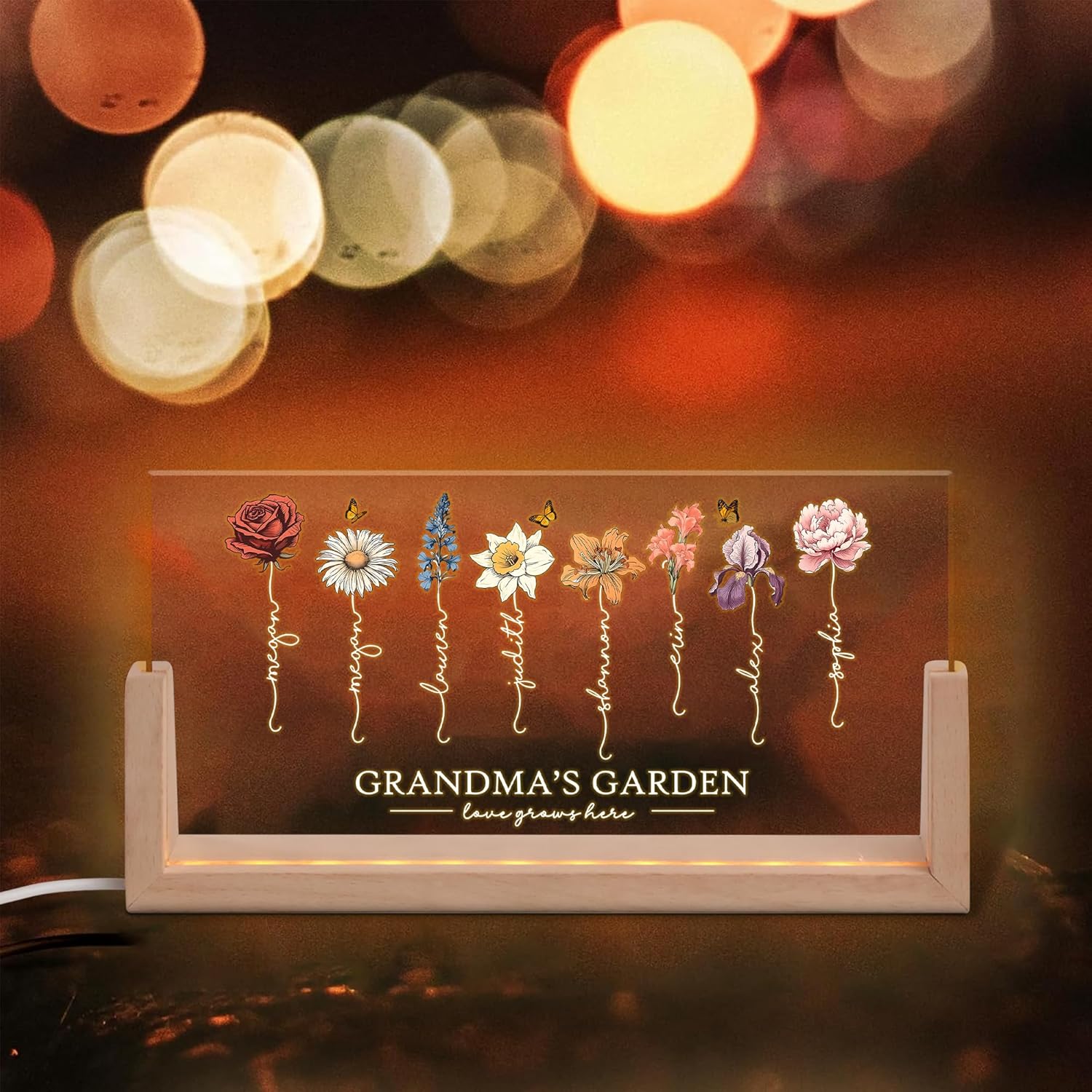 Personalized Grandma's Garden LED Night Light - Custom Birth Month Flowers Printed Lamp, Mom Light Up Sign, Grandma We Love You, Gifts for Mommy, Gifts for Grandma on Christmas, Mother's Day - 2