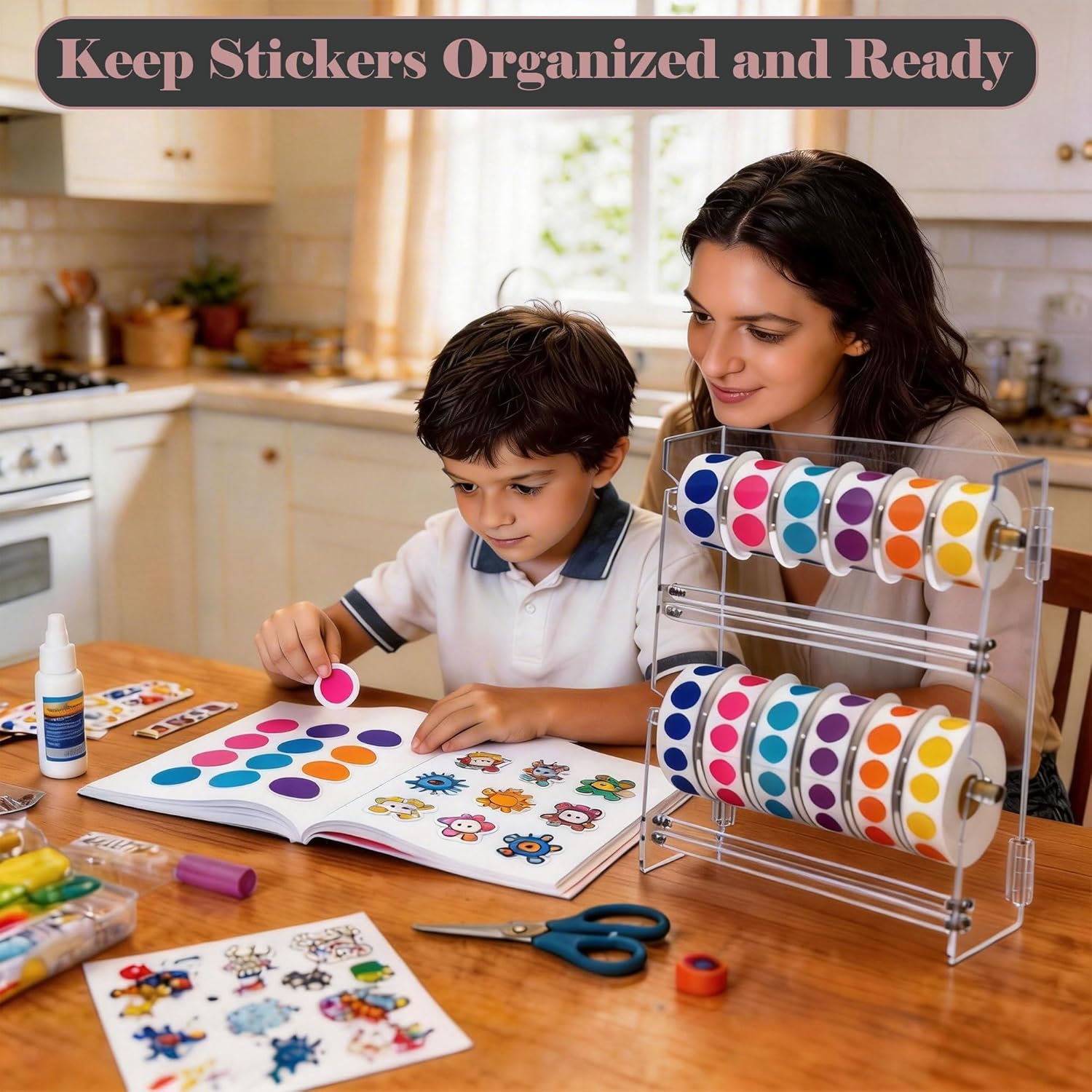 Double-Layer Acrylic Sticker Roll Dispenser, Adjustable Label Organizer for 12 Sticker Rolls, Easy Assembly, Durable for Office, School & Home, Clear
