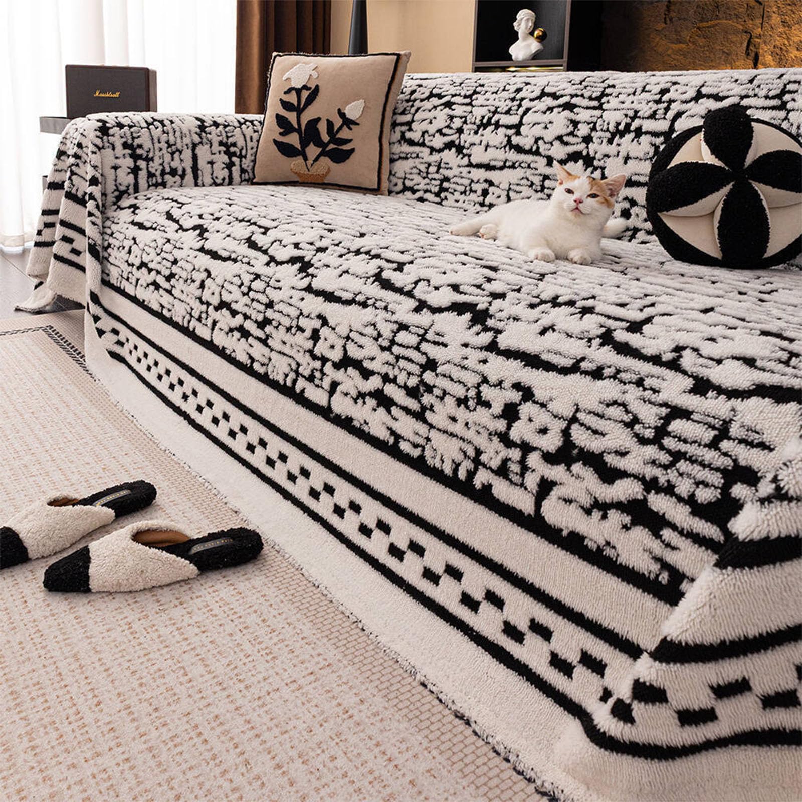 Plaid en molleton de coton doux noir 180x300 cm jeté de canapé antidérapant rayé
