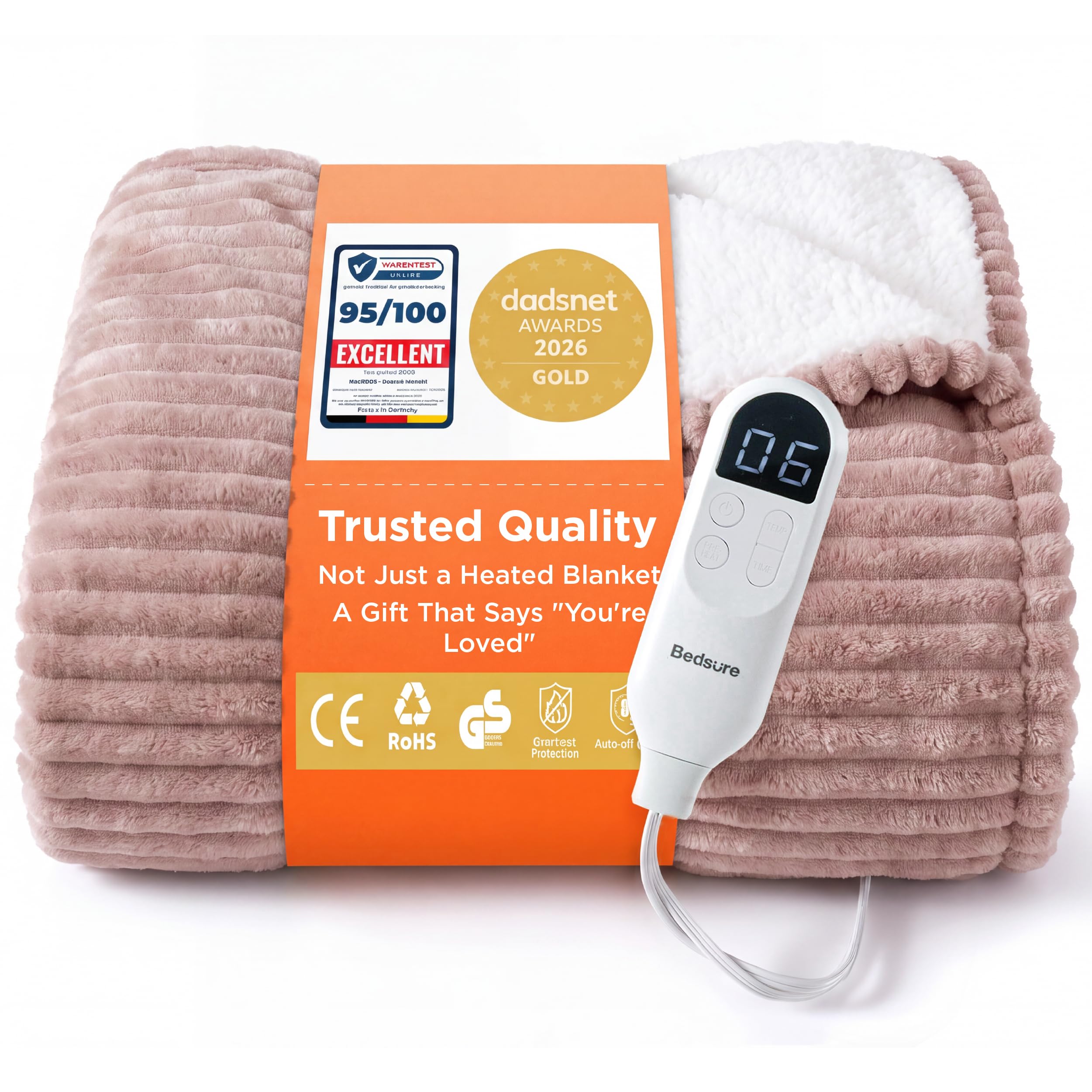 Bedsure Electric Blanket Heated Throw - Ribbed Flannel 130x160cm, Pink