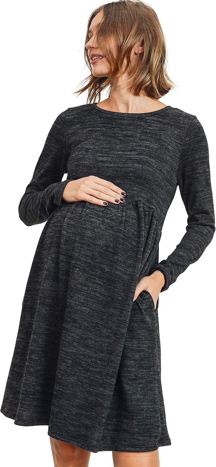 HELLO MIZ Women's Maternity Sweater Knit Dress with Pocket (Black, S)