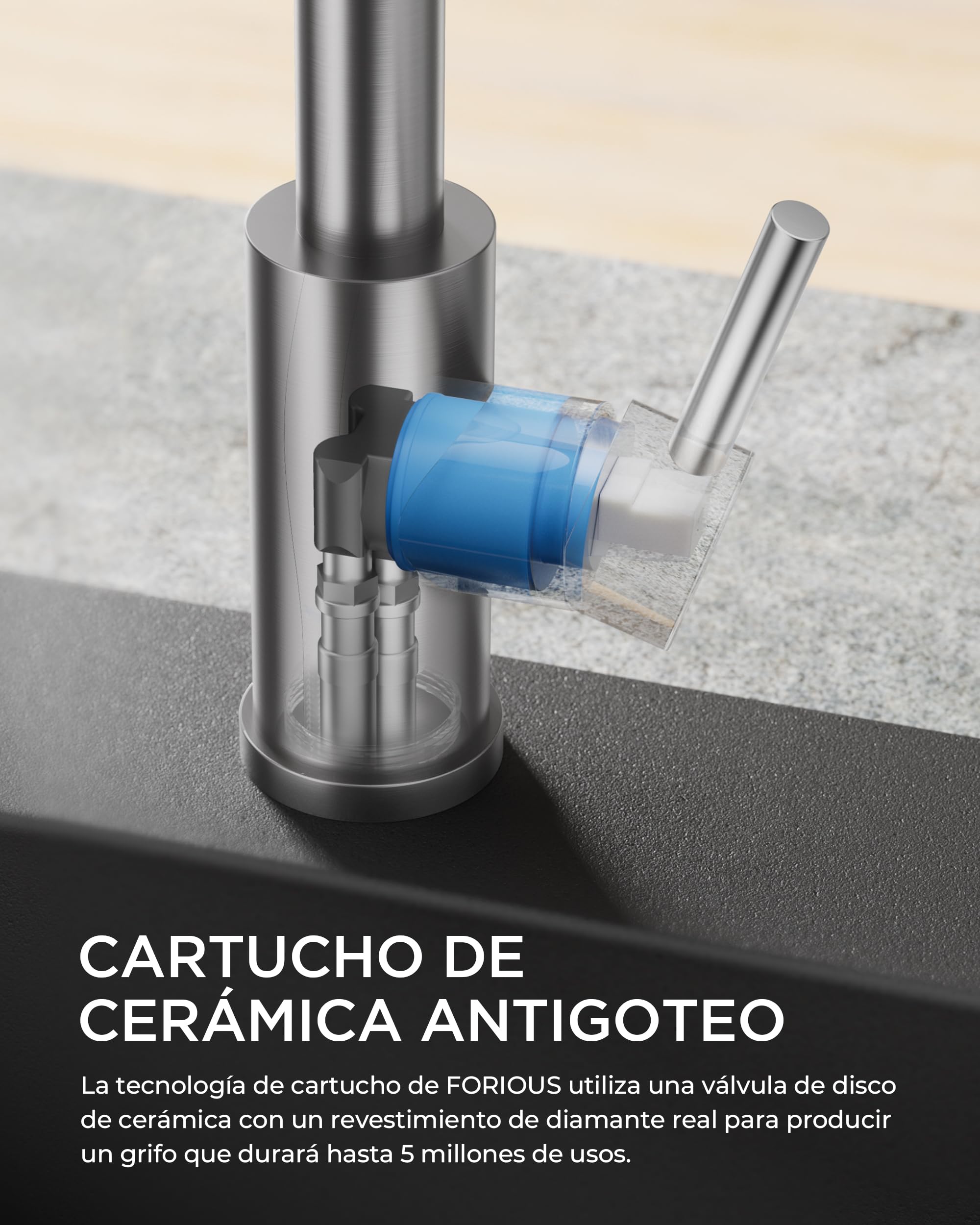 FORIOUS Grifo Cocina, Grifo Cocina Fregadero Extraíble, Grifo Monomando Cocina con 3 Funciones de Rociado, Grifo de Fregadero con Resorte Giratorio a 360°, Acero Inoxidable