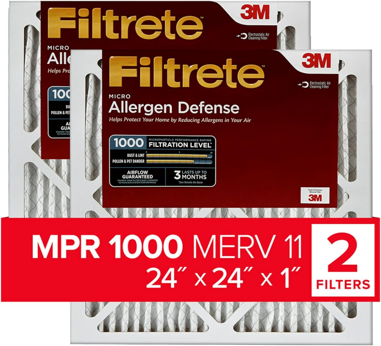 Filtrete 24x24x1 Air Filter, MPR 1000, MERV 11, Micro Allergen Defense