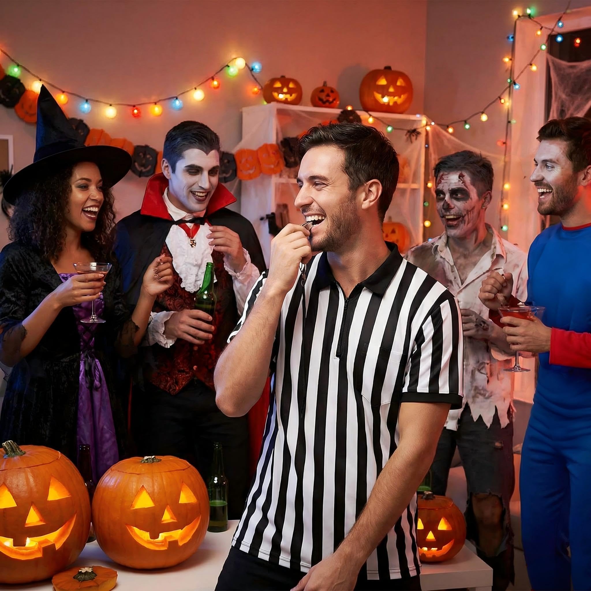 Syhood Costume d'arbitre pour Homme et Femme, Drapeau de pénalité, sifflet, Noir et Blanc, rayé, Football, ref Chemise Halloween