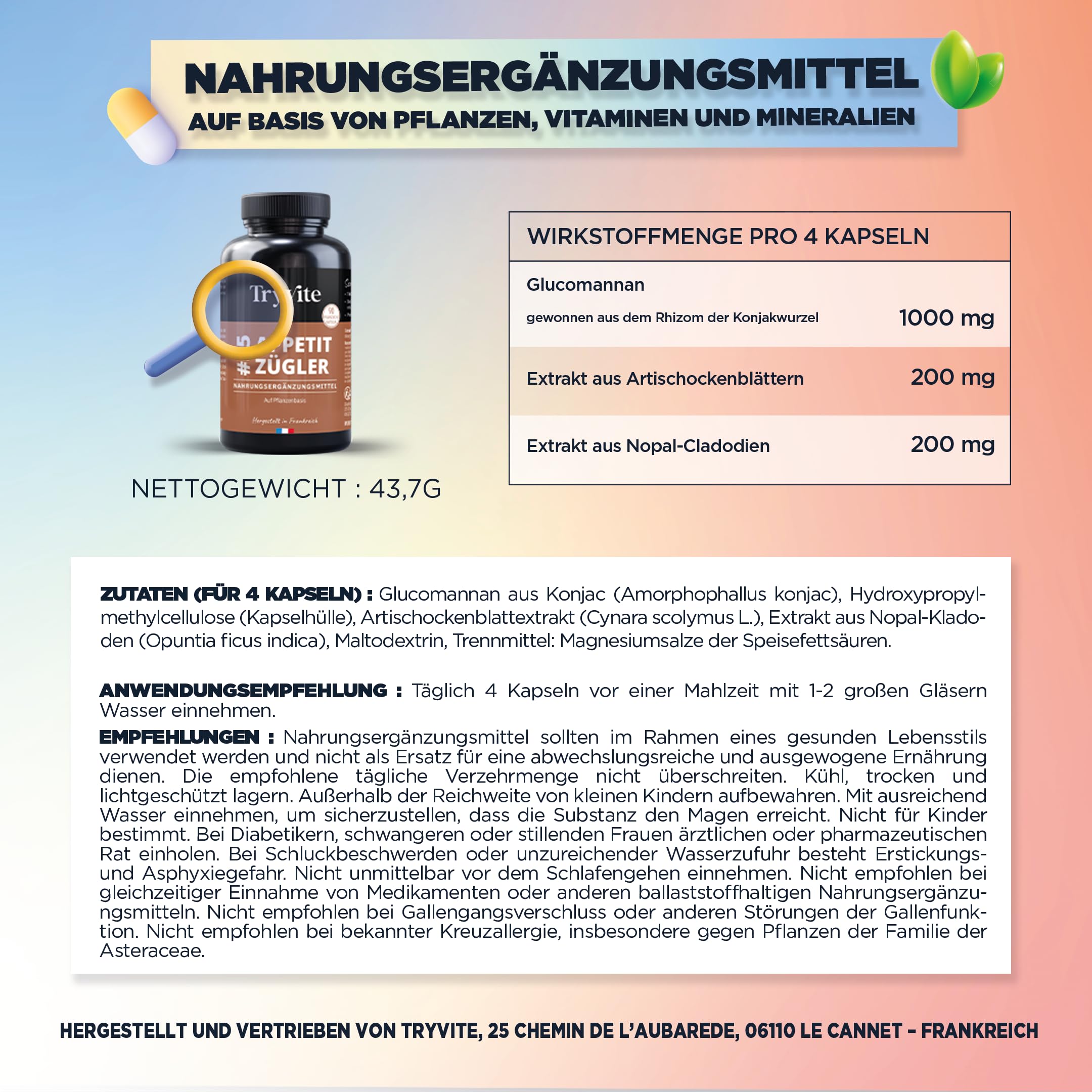 Nahrungsergänzung | Konjak (Glucomannan), Nopal & Artischocke | 90 Kapseln | TRYVITE
