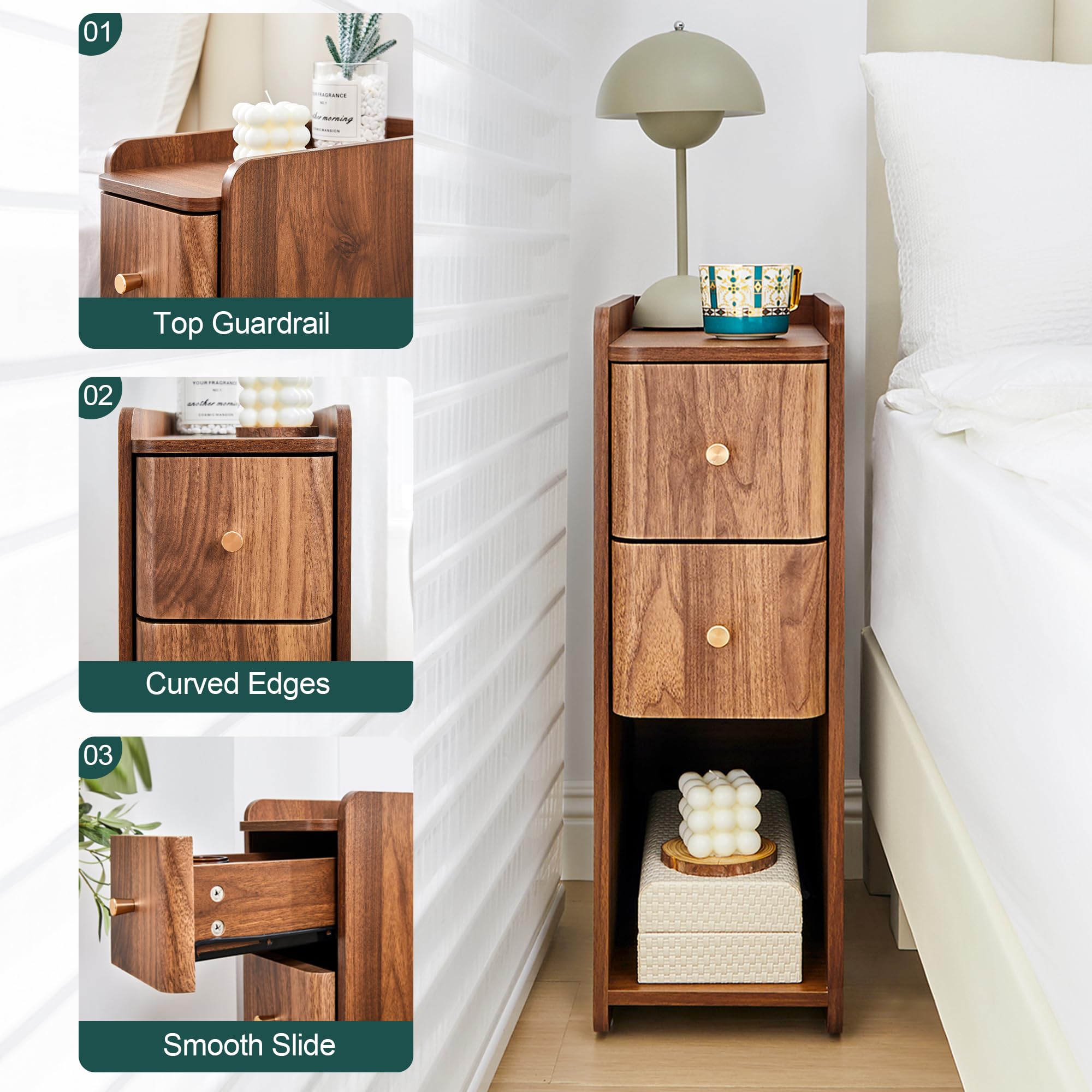 The Best Nightstand with Drawers in 2026 2 FurSchFurniture Narrow End Table Bedroom, Wooden Small 2 Drawer Nightstand, Thin — product photo