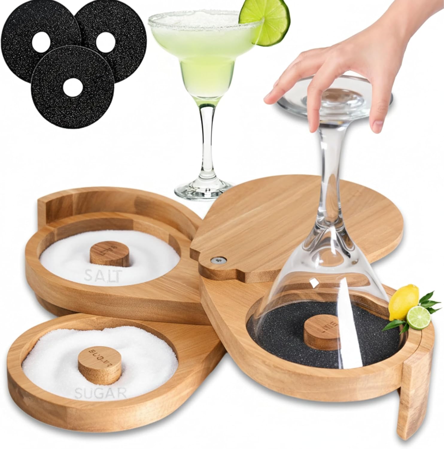 Margarita Salt Rimmer Set for Cocktails | 3 Tier Acacia Wood Glass Rimmer for Salt/Sugar/Lime Seasoning for Bloody Mary, Tequila | Drink Accessories for Bar (With Sponges)