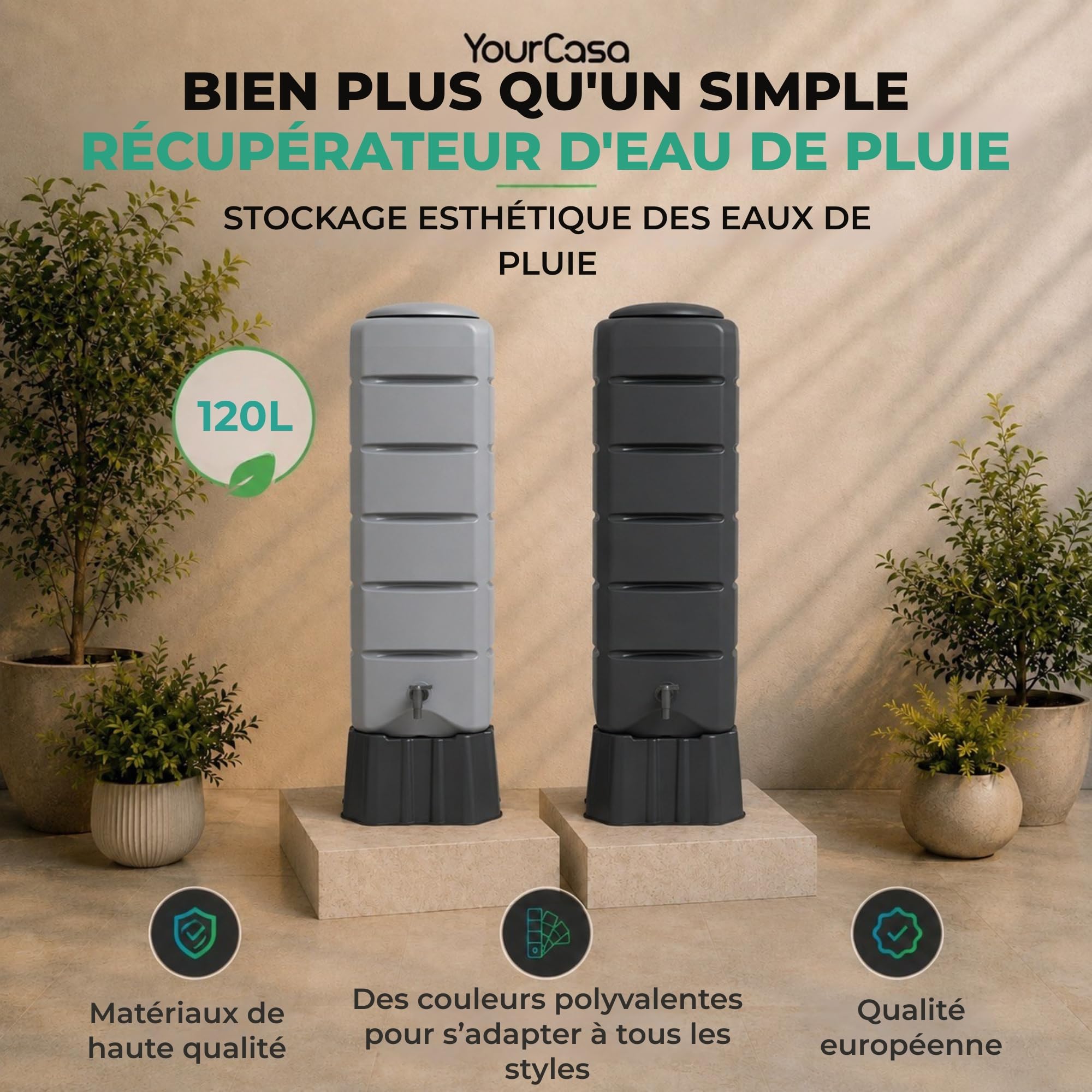 YourCasa Recuperateur d Eau de Pluie [Tower] 120L avec Pied, Couvercle et Robinet – recuperateur Eau de Pluie – récupérateur Eau de Pluie – Réservoir d'eau de Pluie – Reservoir Eau de Pluie (Gris)