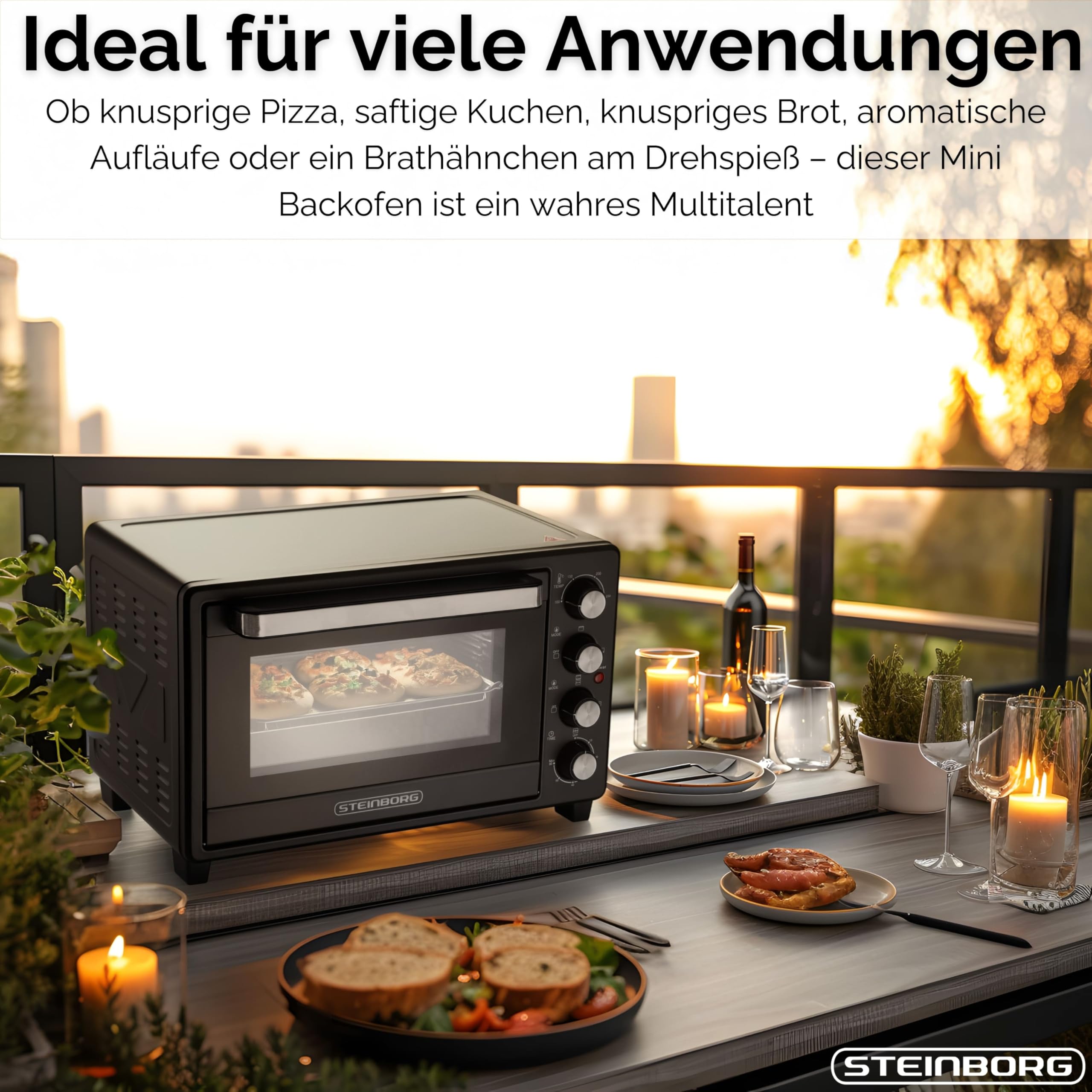Steinborg® 35 Liter Mini Backofen mit Umluft & Drehspieß Krümelblech Ober- und Unterhitze 1.600 Watt Miniofen mit Timer kleiner Backofen freistehend stufenlose Temperaturregelung bis 230°C
