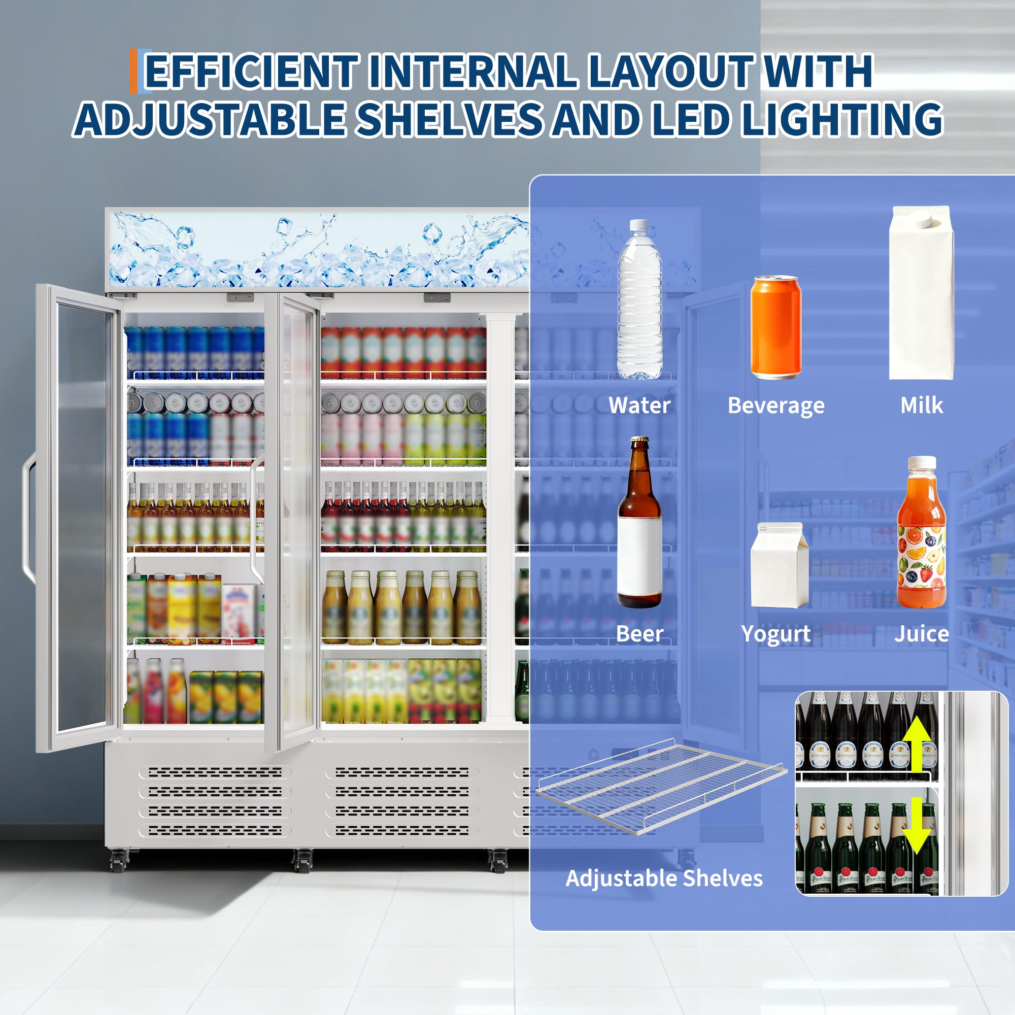 290 Gallon Three-Door Display Beverage Refrigerator With Lightbox, Metal Sheet Commercial Refrigerator With Adjustable Shelves, Locking Casters For Restaurants, Bars, And Retail Stores, White on Fridge.com - View 6