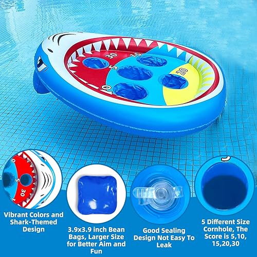 Miniatura 5 de iGeeKid Juguetes inflables para piscina, juego de Cornhole de tiburón con 5 agujeros mejorados y 5 bolsas de frijoles para adultos multijugador,